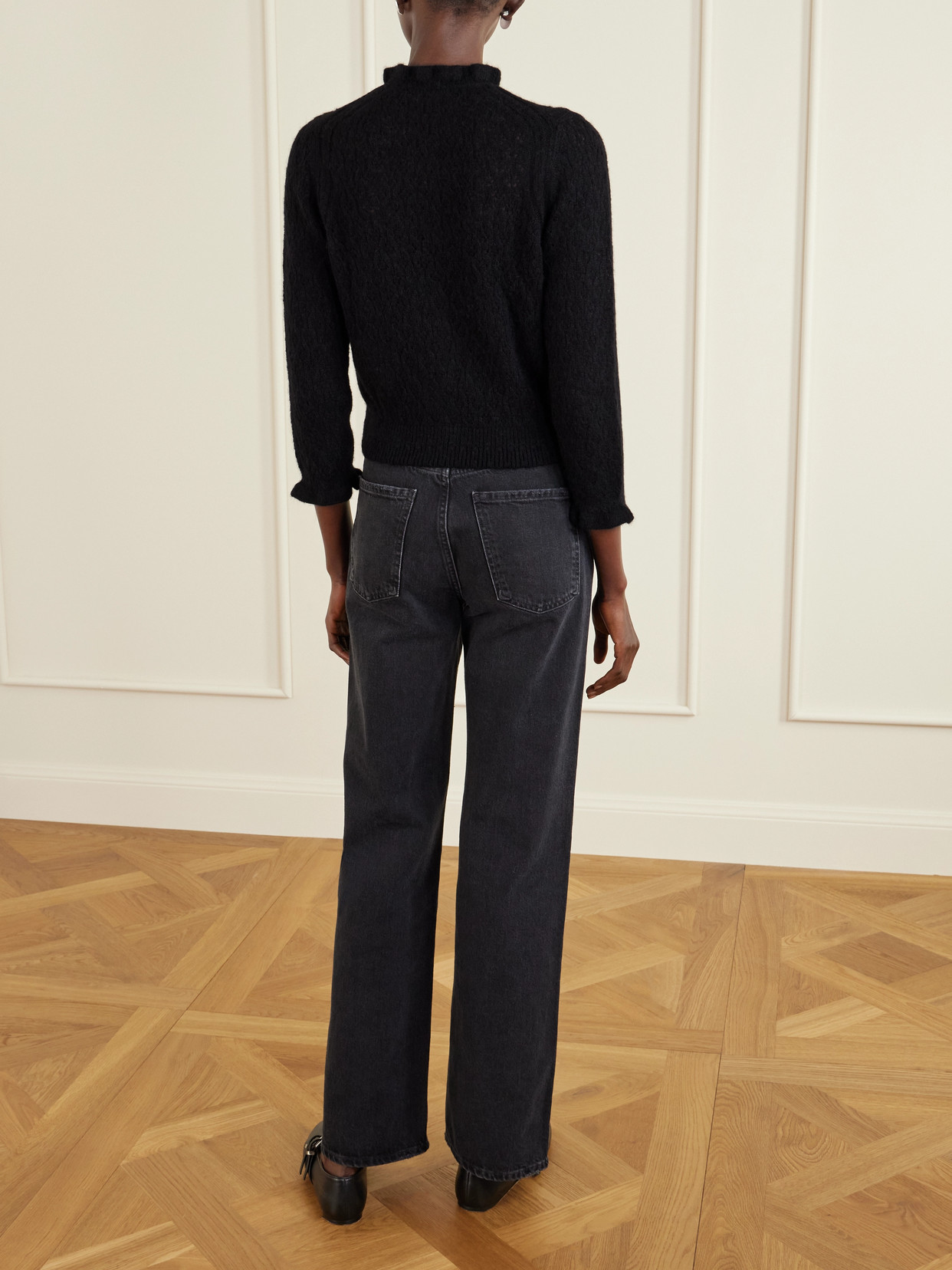 Doen Claudie Ruffled Pointelle-knit Alpaca And Wool-blend Cardigan In Black