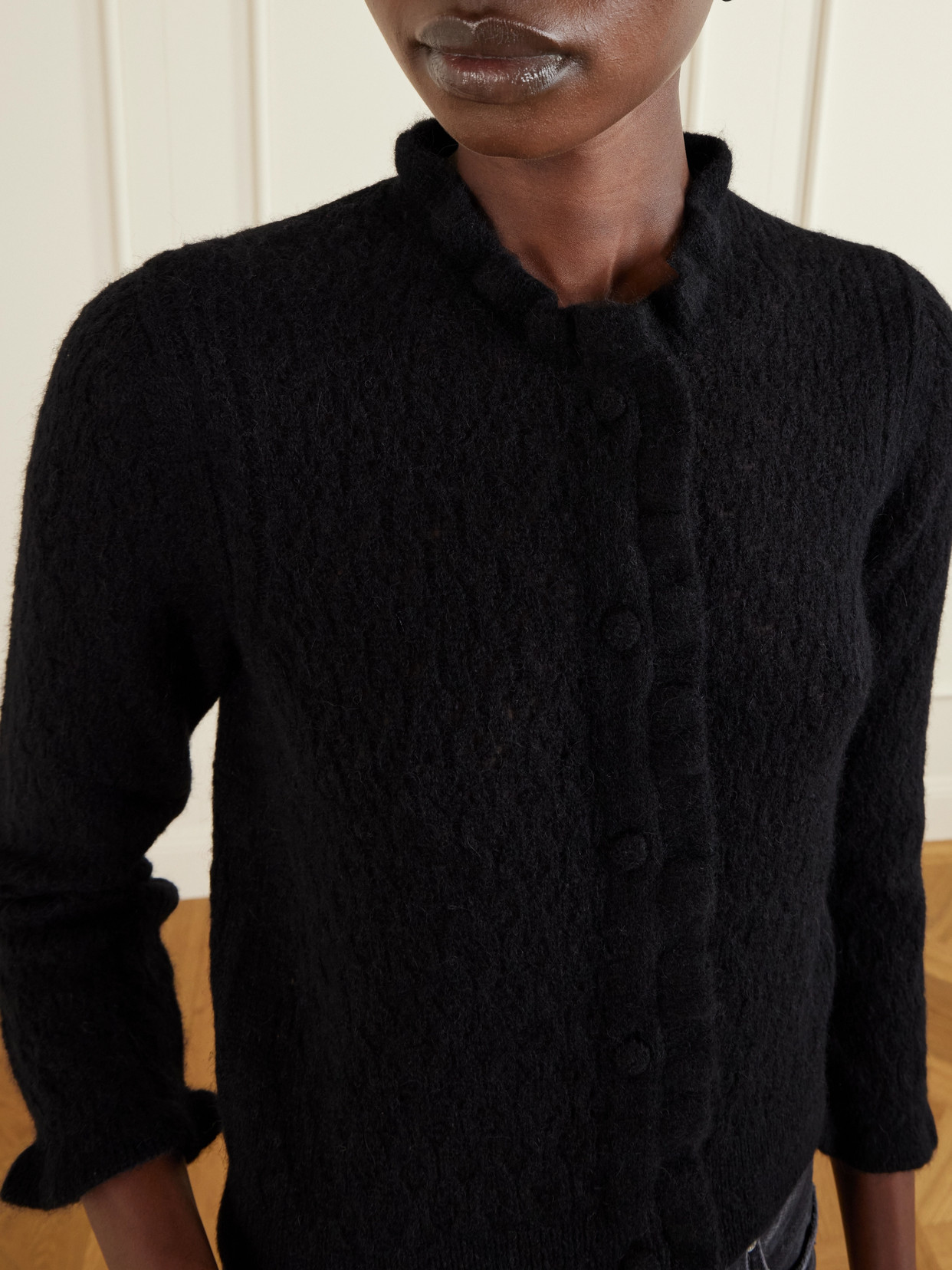 Doen Claudie Ruffled Pointelle-knit Alpaca And Wool-blend Cardigan In Black