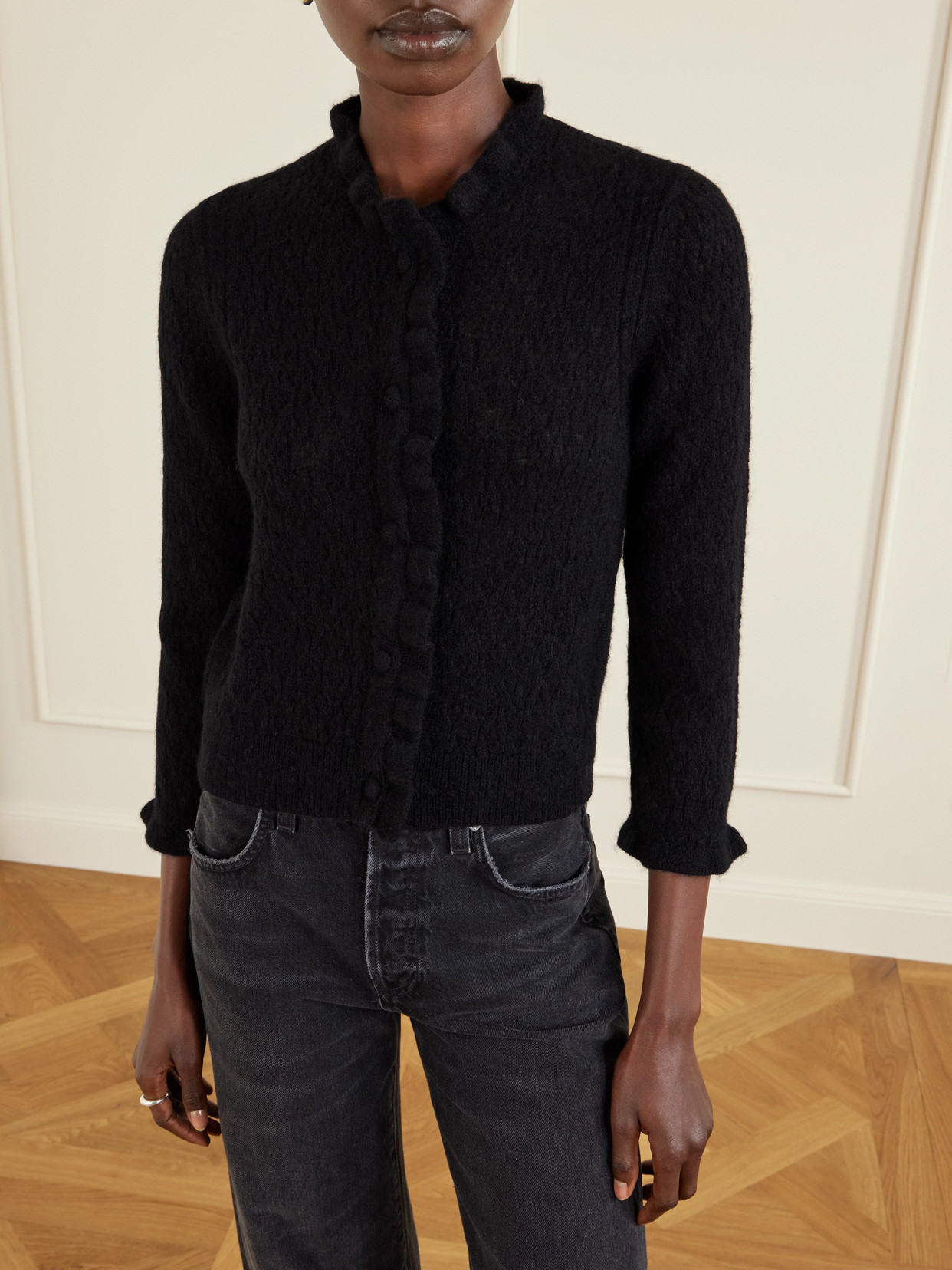 Doen Claudie Ruffled Pointelle-knit Alpaca And Wool-blend Cardigan In Black