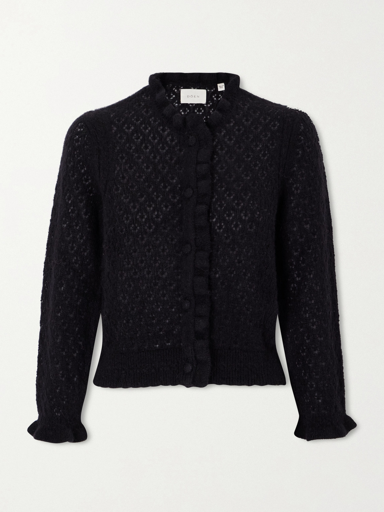 Doen Claudie Ruffled Pointelle-knit Alpaca And Wool-blend Cardigan In Black