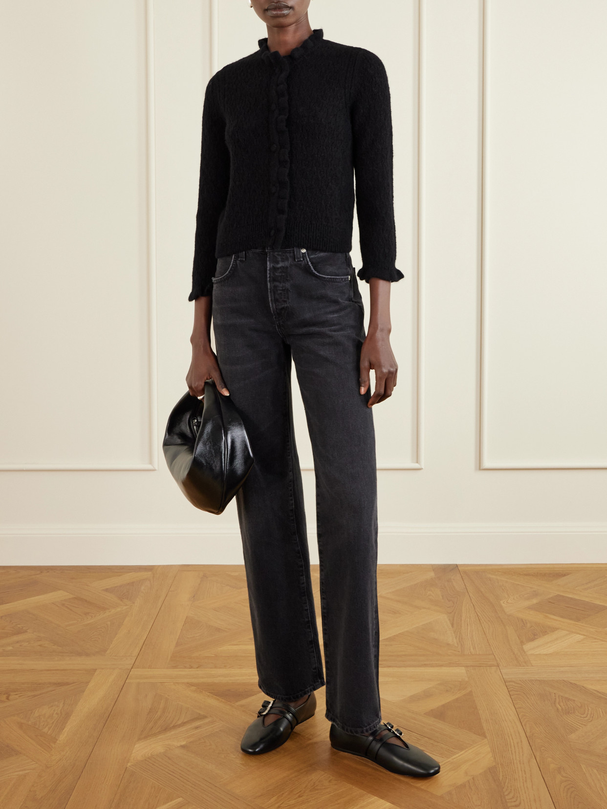 Doen Claudie Ruffled Pointelle-knit Alpaca And Wool-blend Cardigan In Black