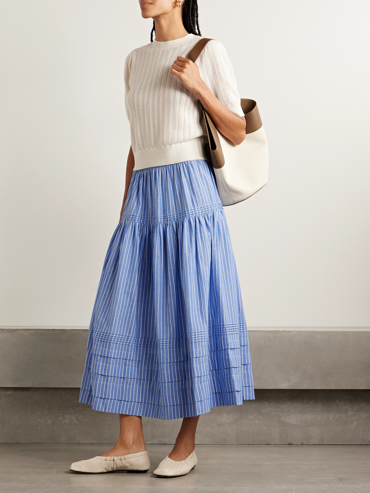 Doen Sebastiane Striped Organic Cotton-poplin Midi Skirt In Blue