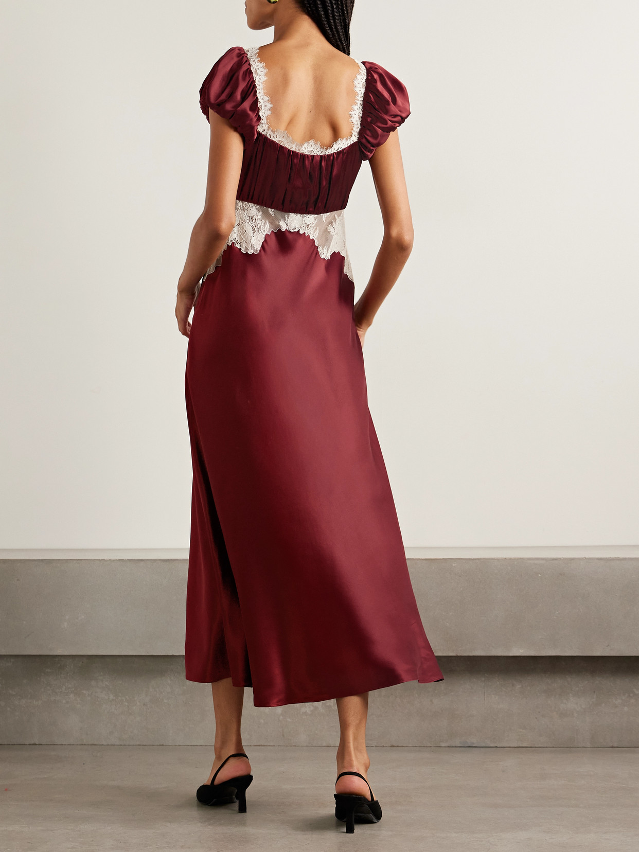 Doen Veda Bow-detailed Corded Lace-trimmed Silk-charmeuse Midi Dress In Multi