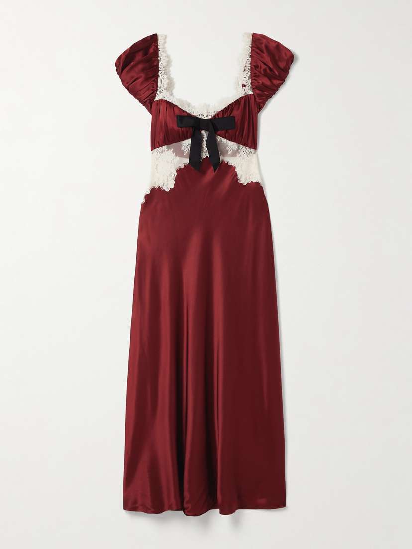 DÔEN Veda Bow-detailed Corded Lace-trimmed Silk-charmeuse Midi Dress