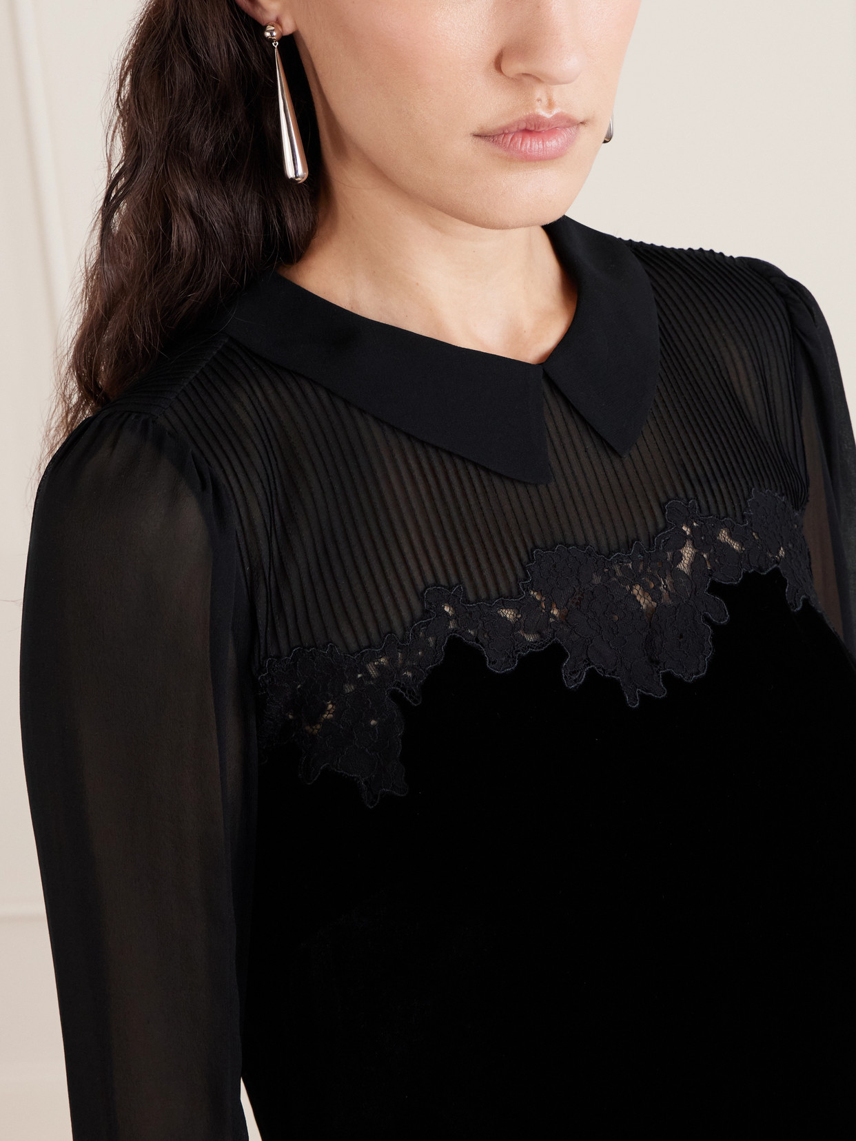 Doen Madelynne Corded Lace And Silk Chiffon-trimmed Velvet Mini Dress In Black