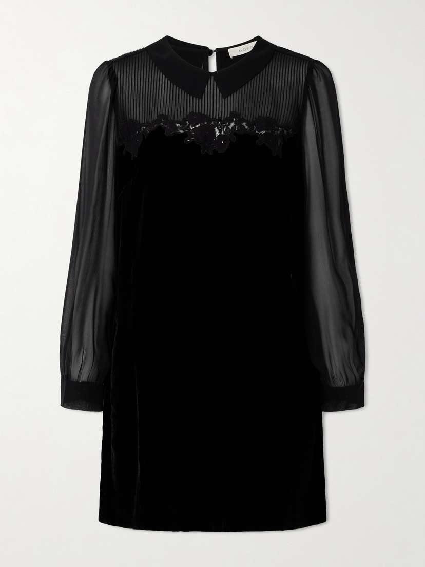 DÔEN Madelynne Corded Lace And Silk Chiffon-trimmed Velvet Mini Dress