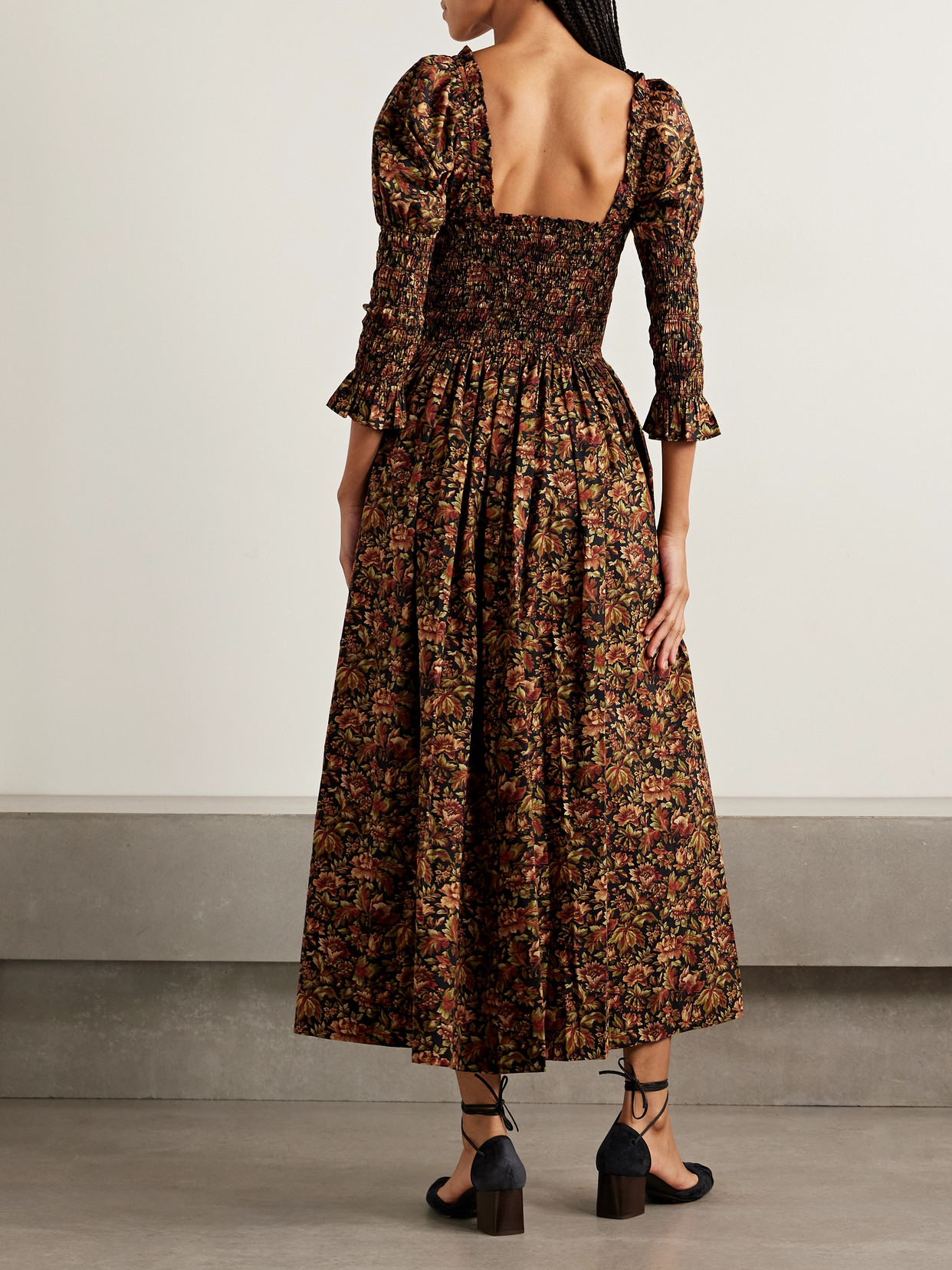 Doen Bijou Shirred Floral-print Organic Cotton-voile Midi Dress In Multi