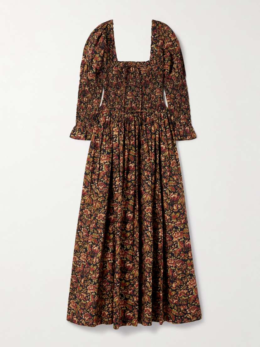 DÔEN Bijou Shirred Floral-print Organic Cotton-voile Midi Dress