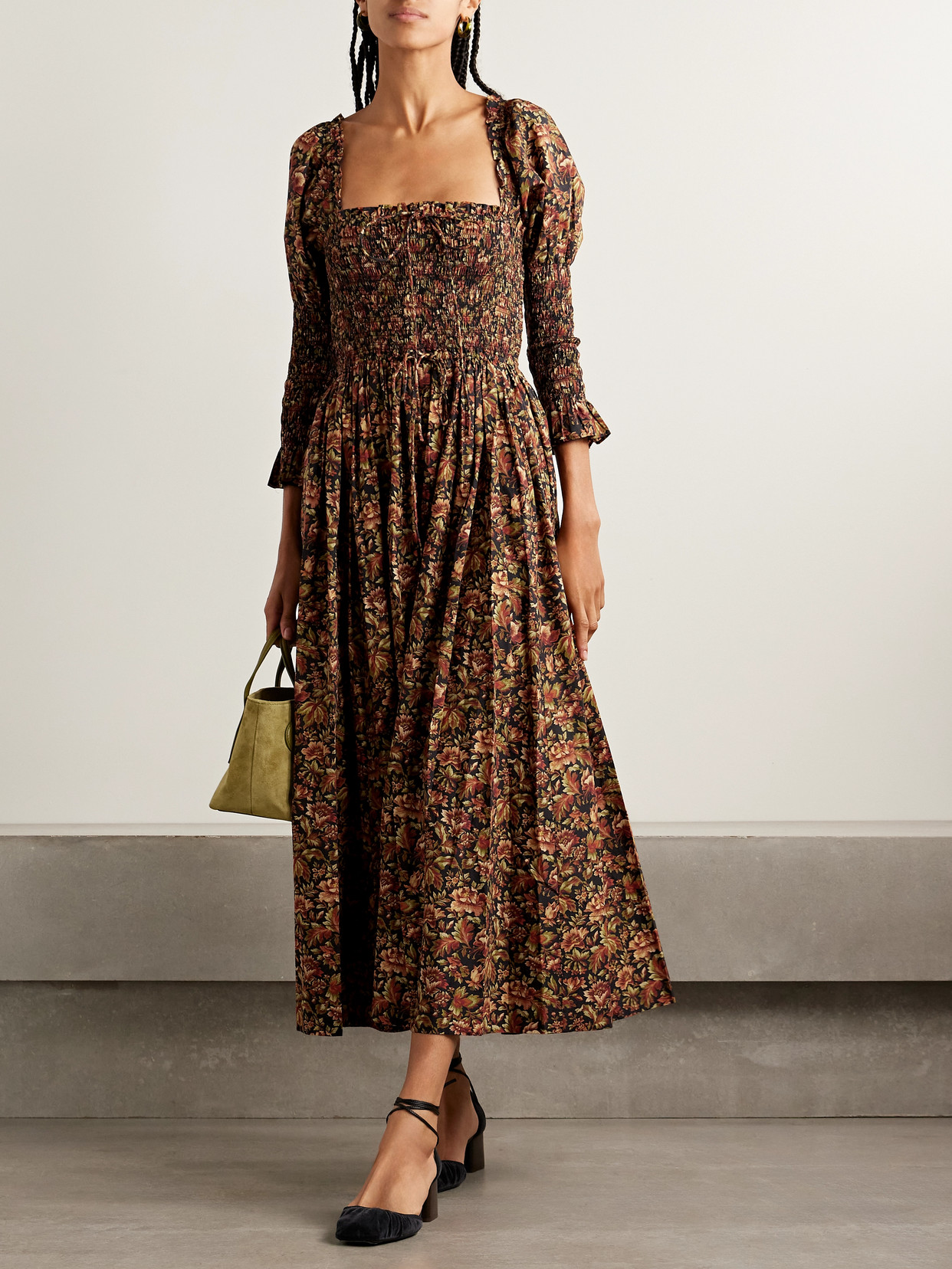 Doen Bijou Shirred Floral-print Organic Cotton-voile Midi Dress In Multi