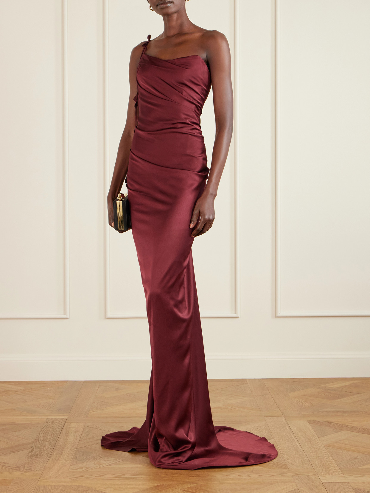 Marmar Halim Embellished Draped Satin Bustier Gown In Burgundy