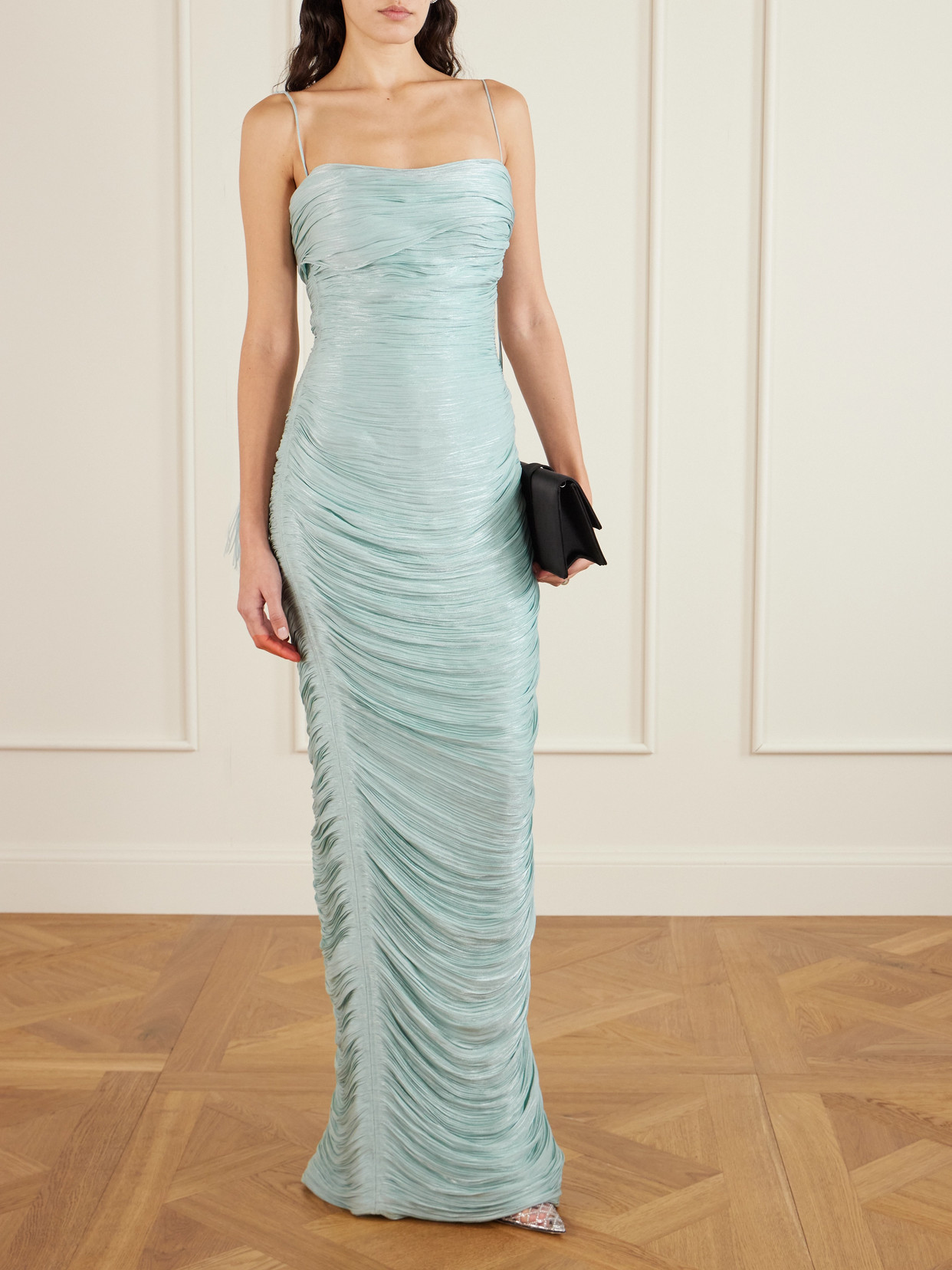 Marmar Halim Ruched Pleated Satin Gown In Blue