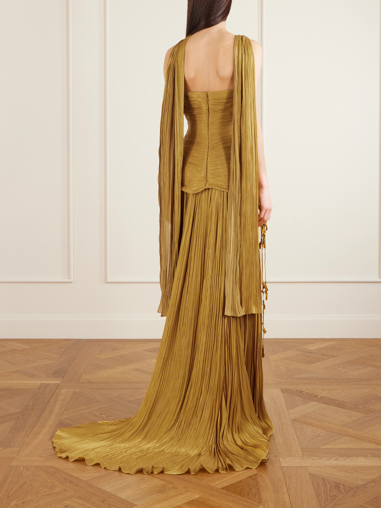 Marmar Halim Strapless Scarf-detailed Metallic Plissé-satin Gown In Yellow