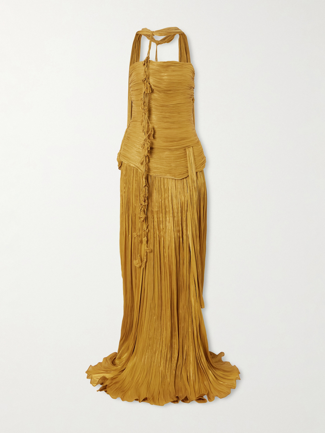 Marmar Halim Strapless Scarf-detailed Metallic Plissé-satin Gown In Yellow
