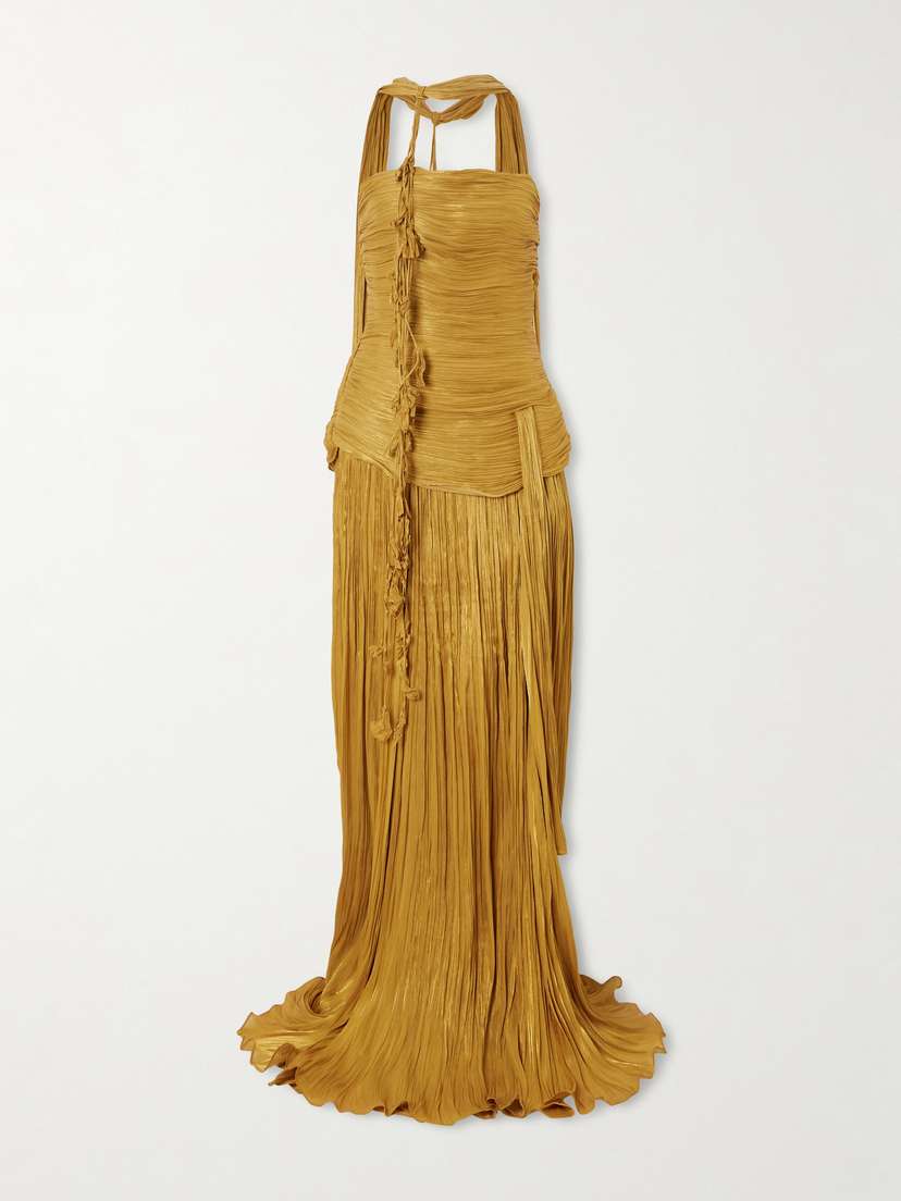Marmar Halim Strapless Scarf-detailed Metallic Plissé-satin Gown