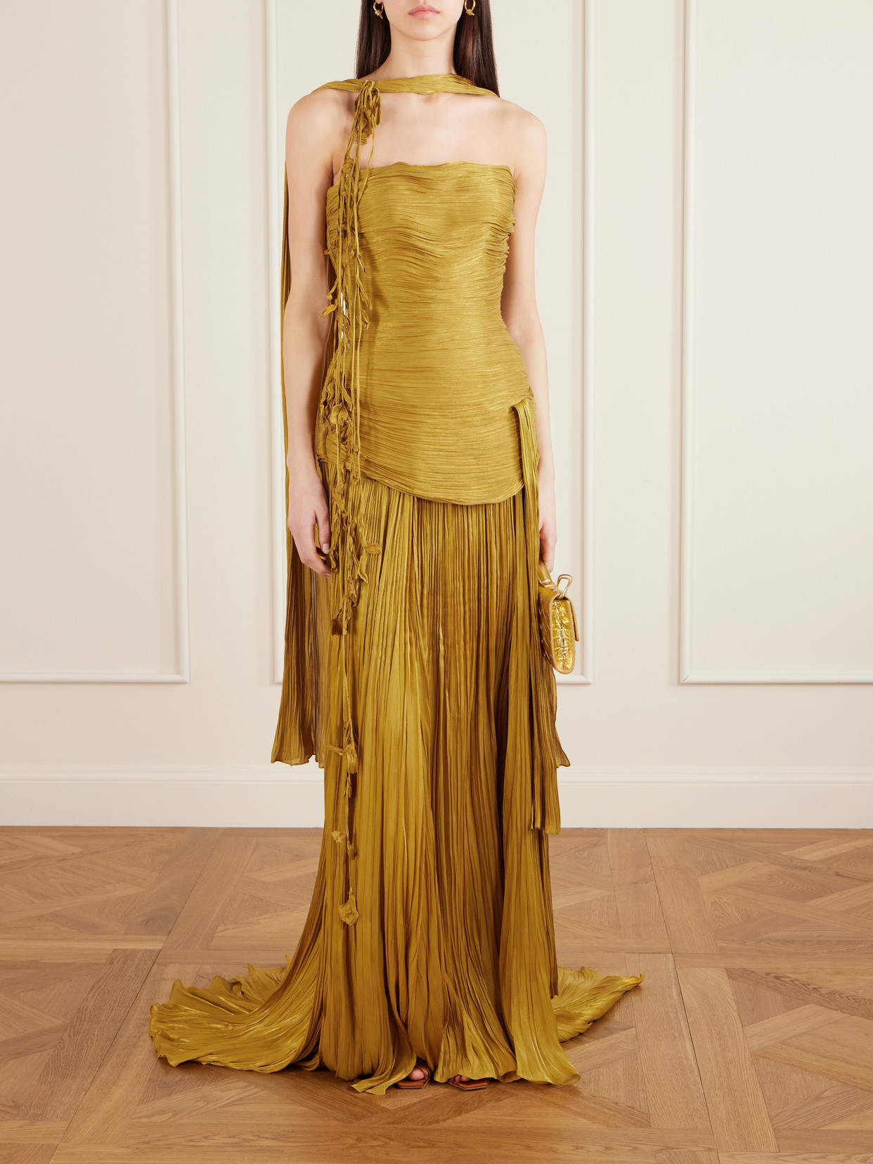 Marmar Halim Strapless Scarf-detailed Metallic Plissé-satin Gown In Yellow