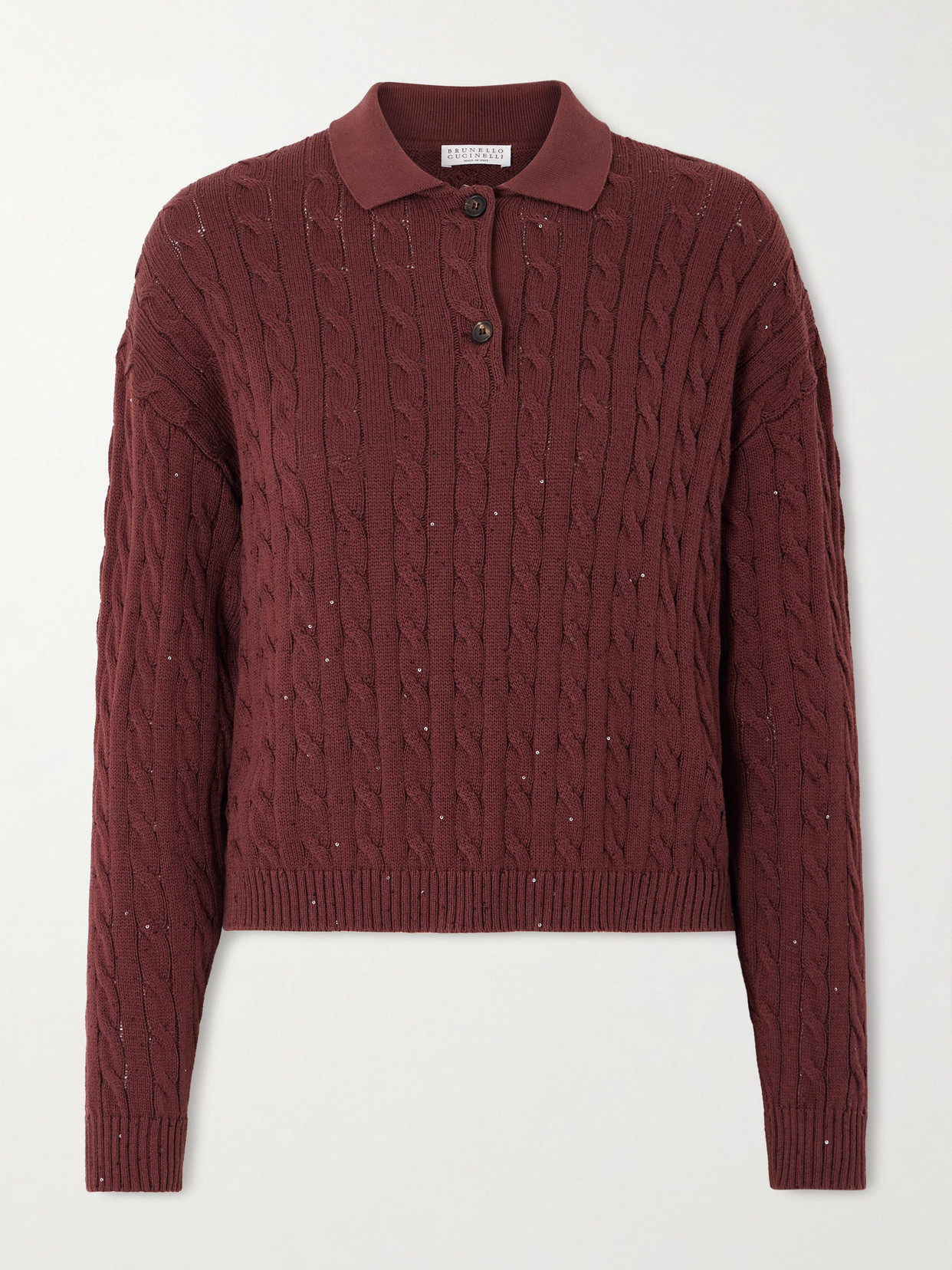 Brunello Cucinelli Sequined Cable-knit Cotton-blend Sweater In Burgundy