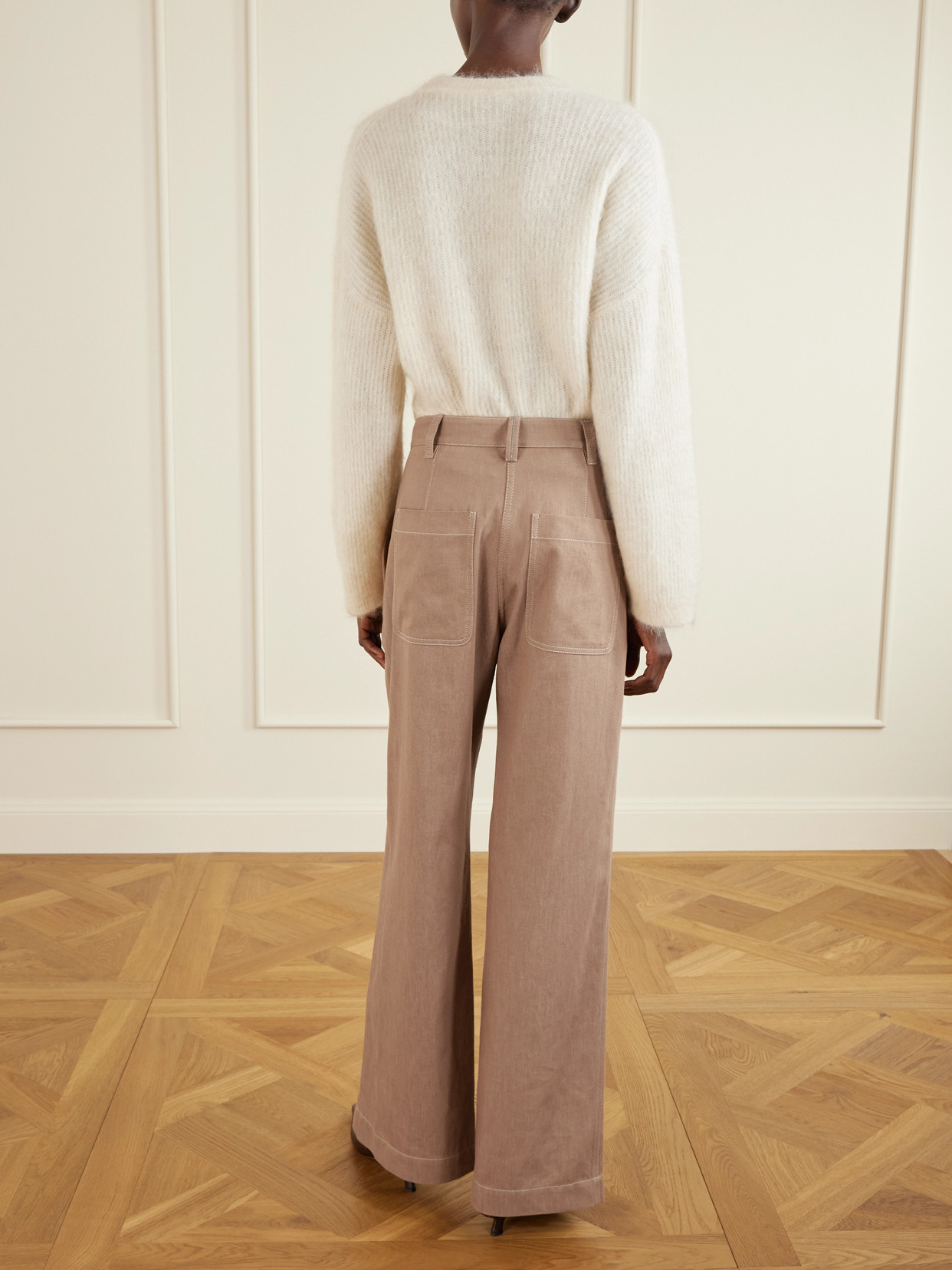 Brunello Cucinelli Pleated Embellished High-rise Wide-leg Jeans In Neutral