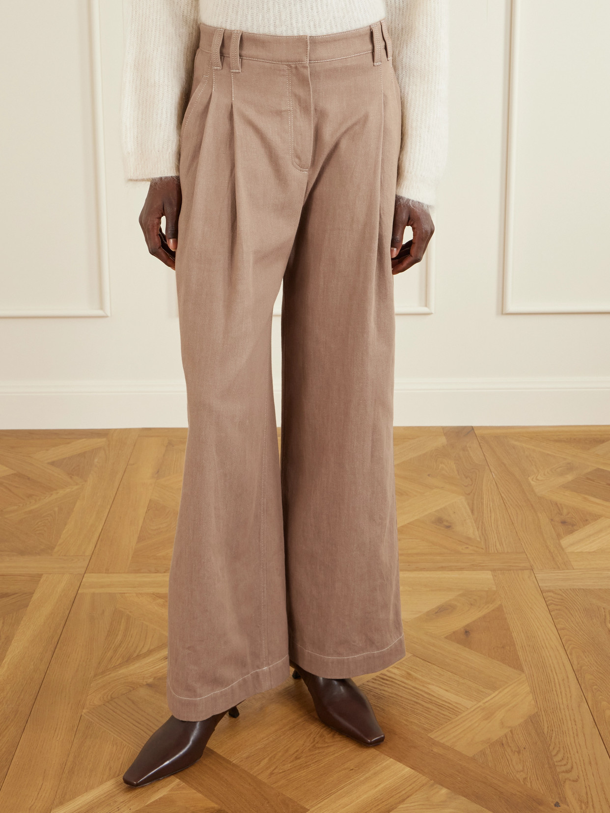 Brunello Cucinelli Pleated Embellished High-rise Wide-leg Jeans In Neutral