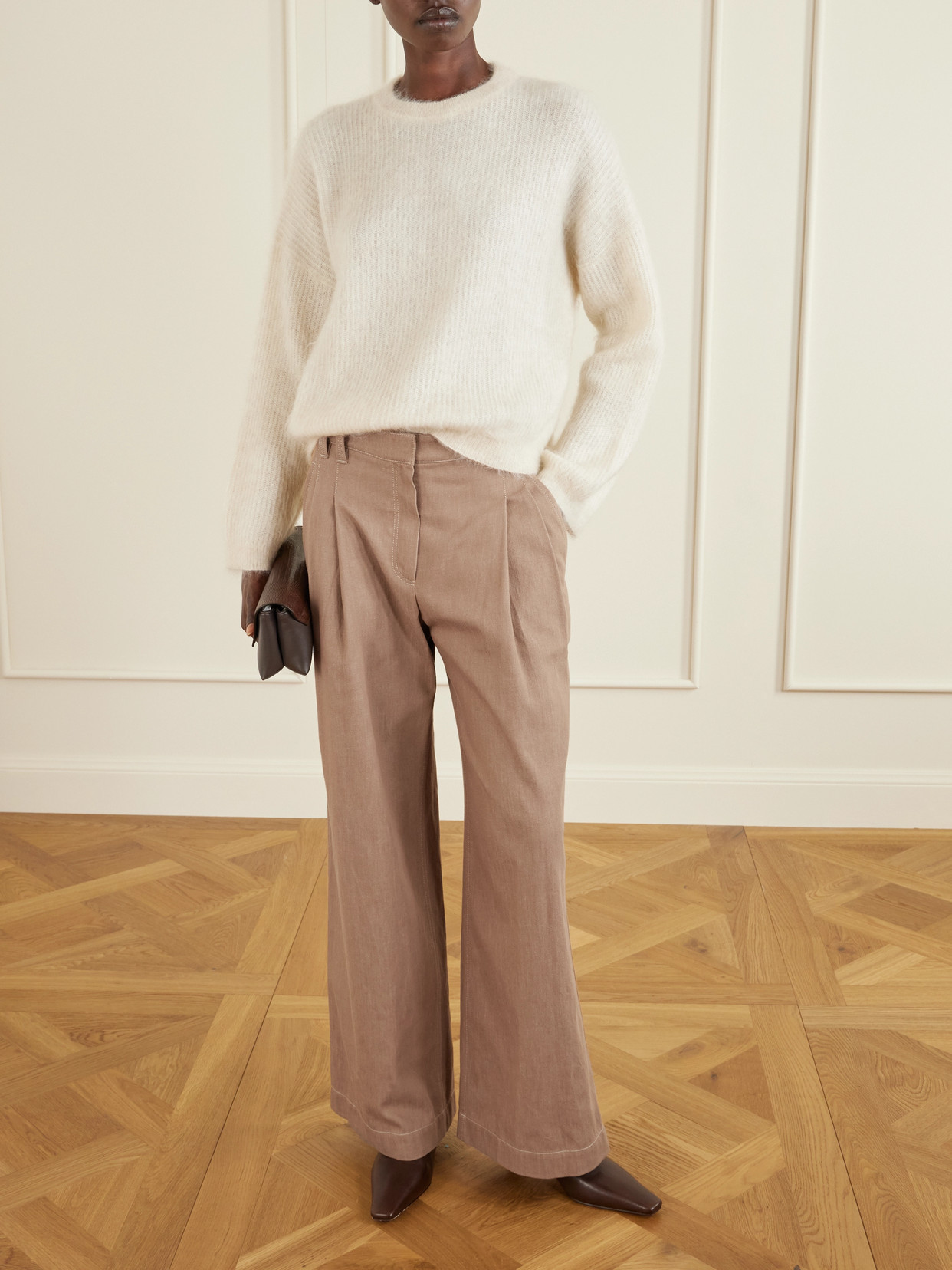 Brunello Cucinelli Pleated Embellished High-rise Wide-leg Jeans In Neutral