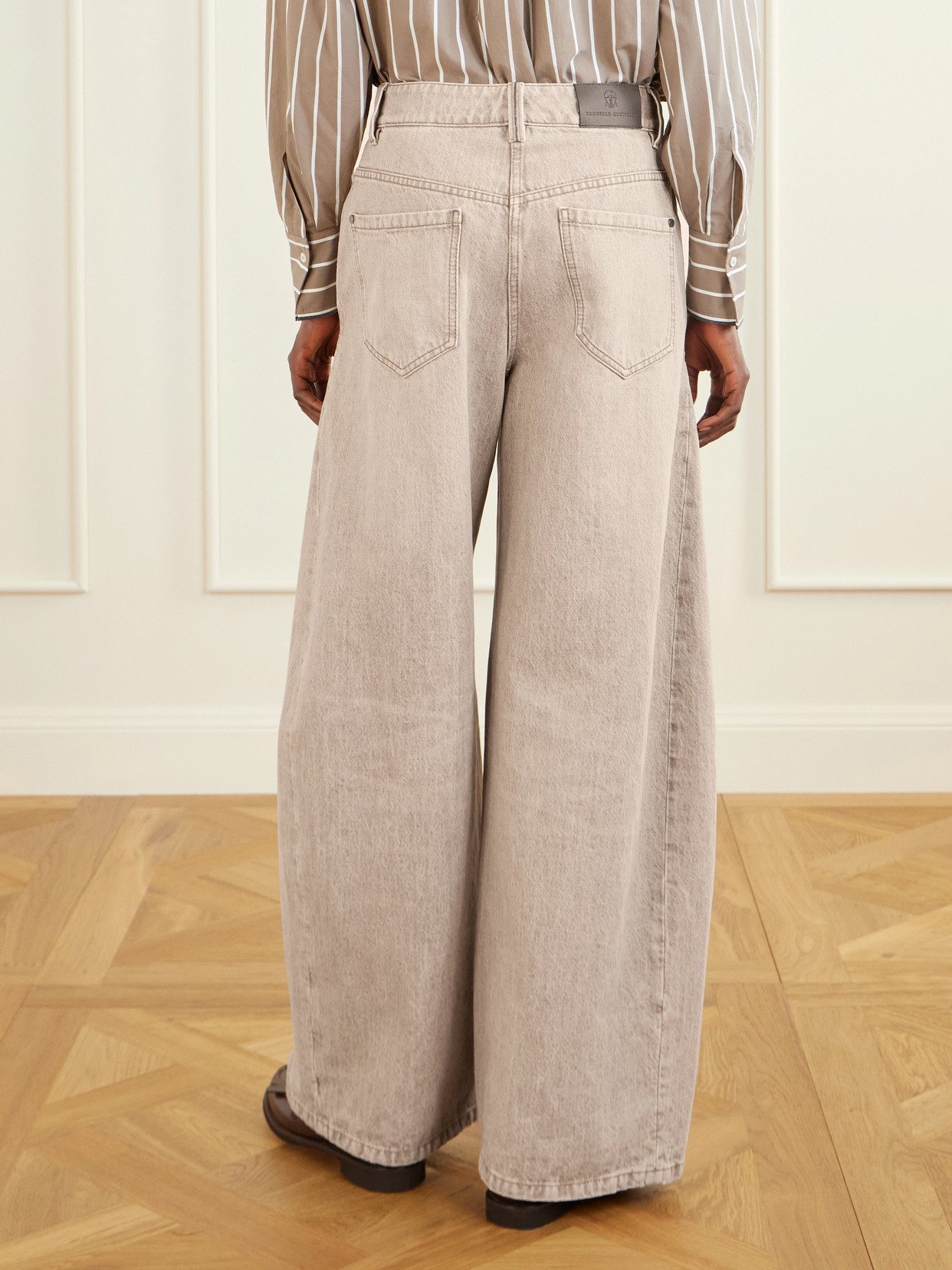 Brunello Cucinelli Women Beige Authentic Denim Wide Jeans With Monili In Neutral