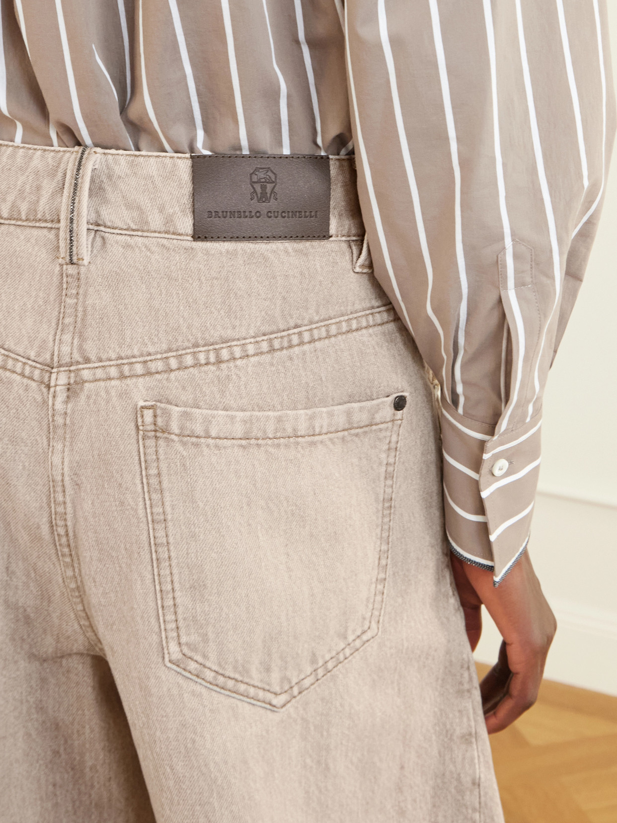 Brunello Cucinelli Women Beige Authentic Denim Wide Jeans With Monili In Neutral