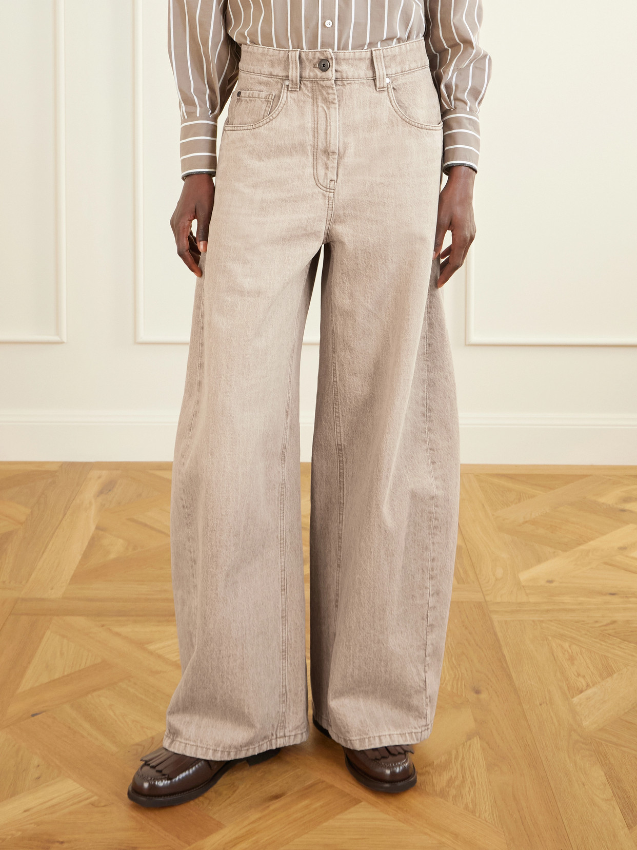 Brunello Cucinelli Women Beige Authentic Denim Wide Jeans With Monili In Neutral