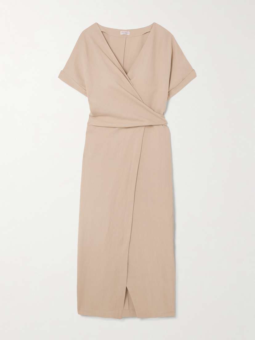 Brunello Cucinelli — Bead-embellished woven midi wrap dress