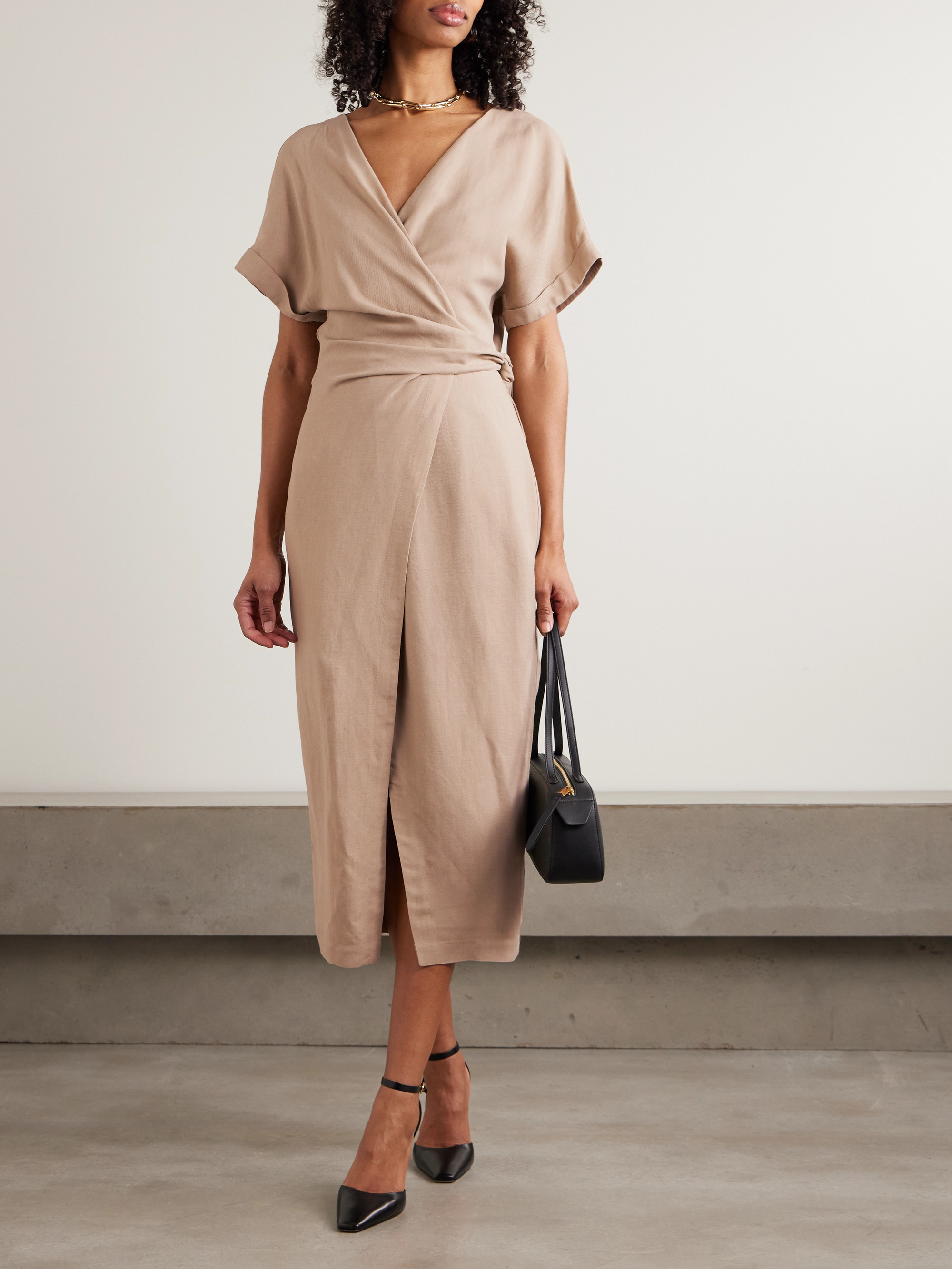 Brunello Cucinelli Bead-embellished woven midi wrap dress