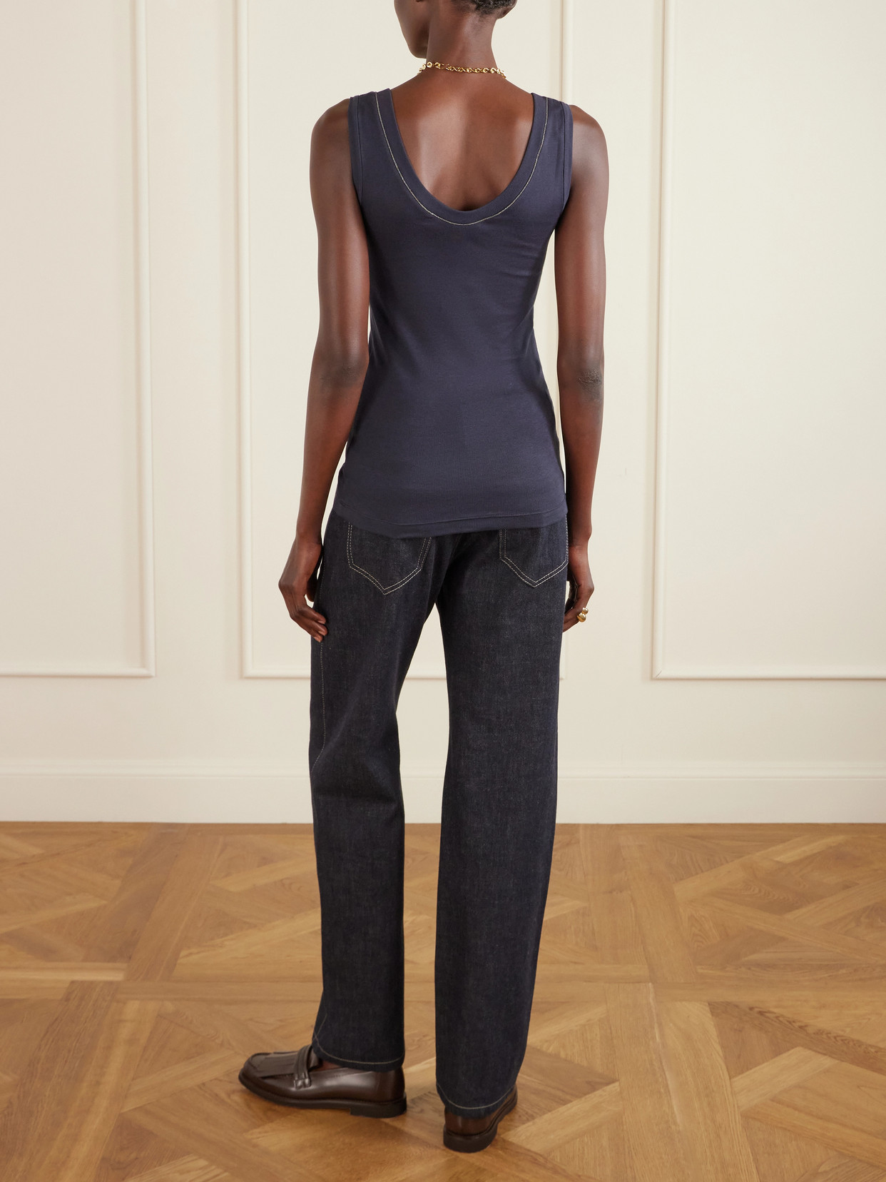 Bead-Embellished Ribbed Cotton-Blend Jersey Tank