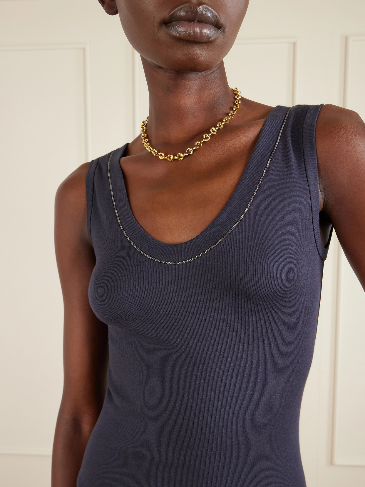 Bead-Embellished Ribbed Cotton-Blend Jersey Tank
