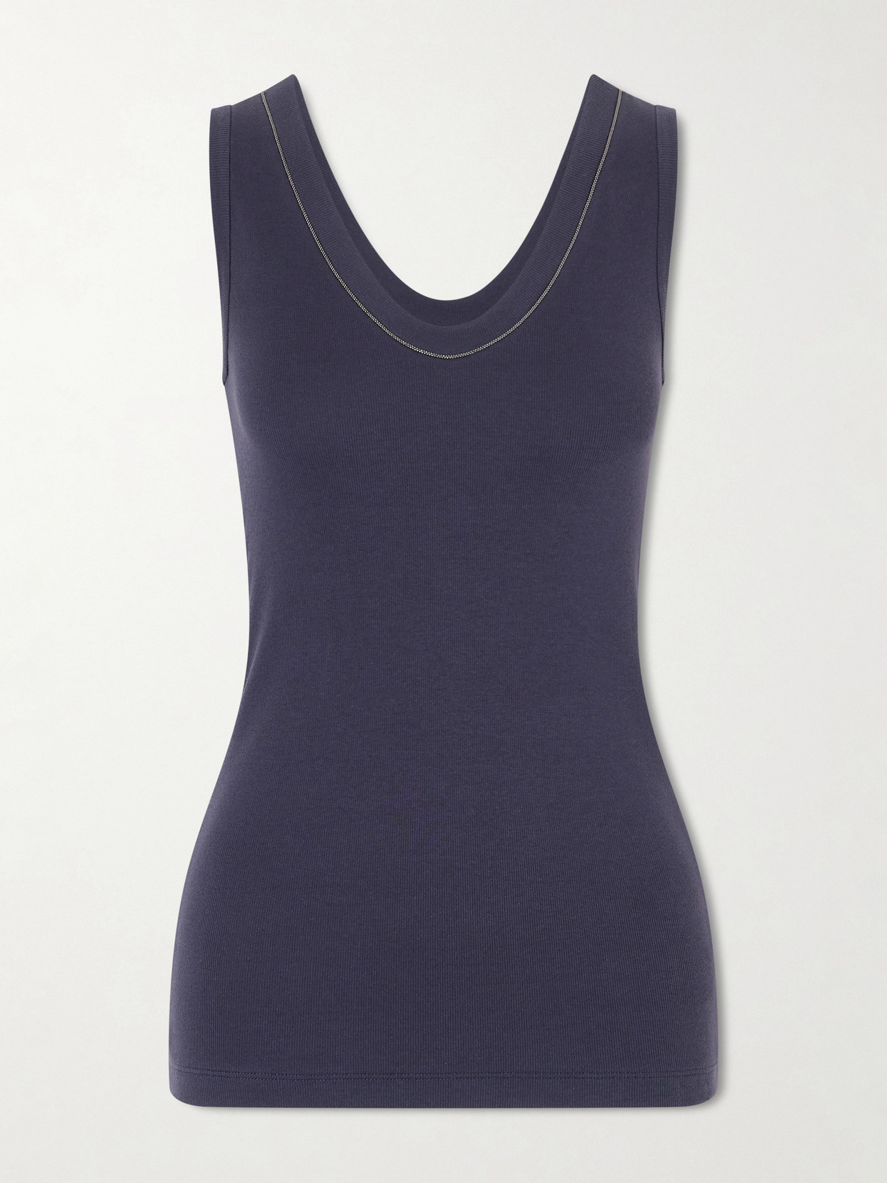 Brunello Cucinelli Bead-embellished Ribbed Cotton-blend Jersey Tank In Blue