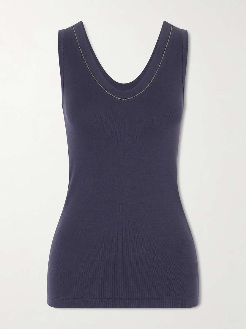 Brunello Cucinelli Bead-embellished Ribbed Cotton-blend Jersey Tank