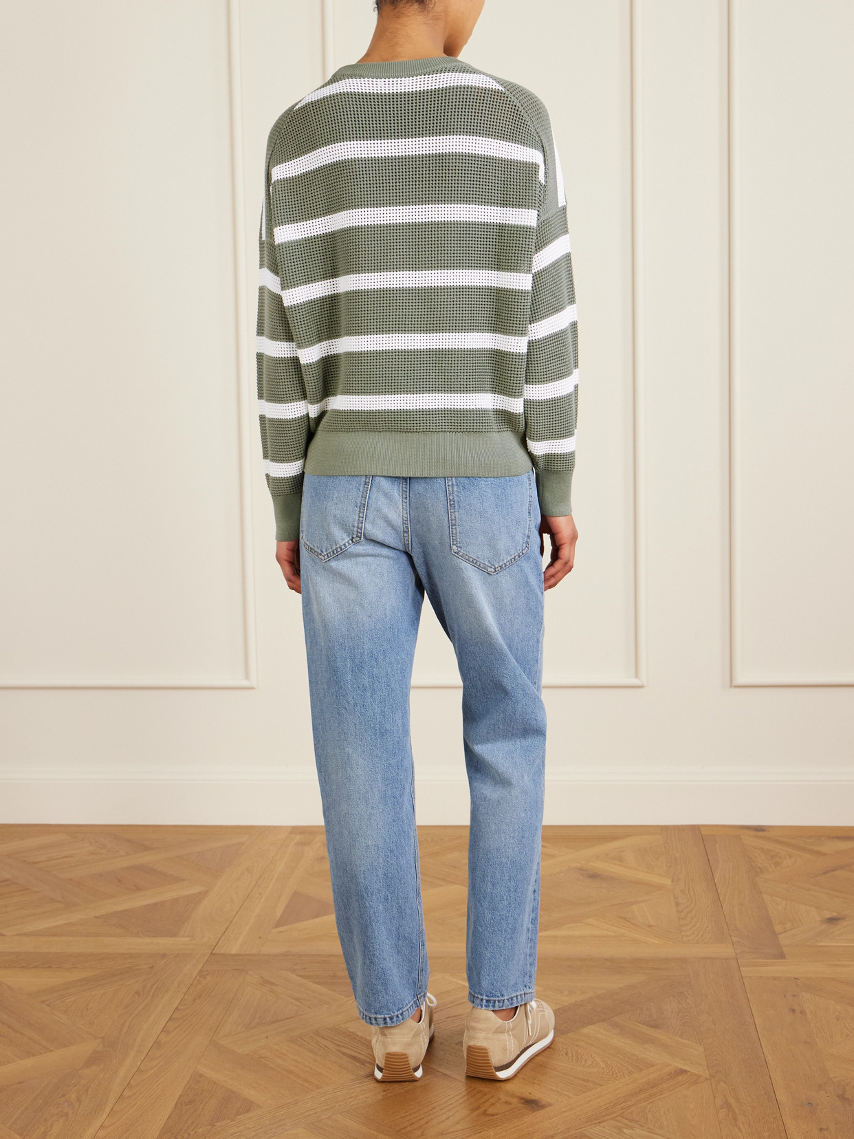 Brunello Cucinelli Striped Open-knit Cotton Sweater In Green