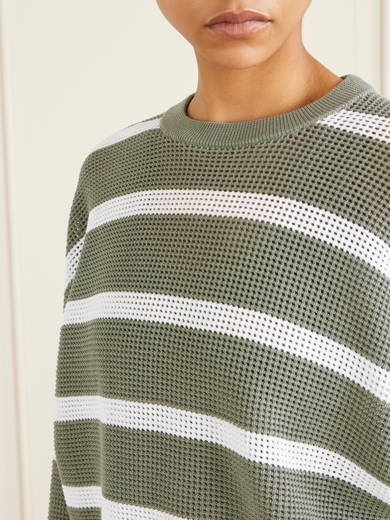 Brunello Cucinelli Striped Open-knit Cotton Sweater In Green