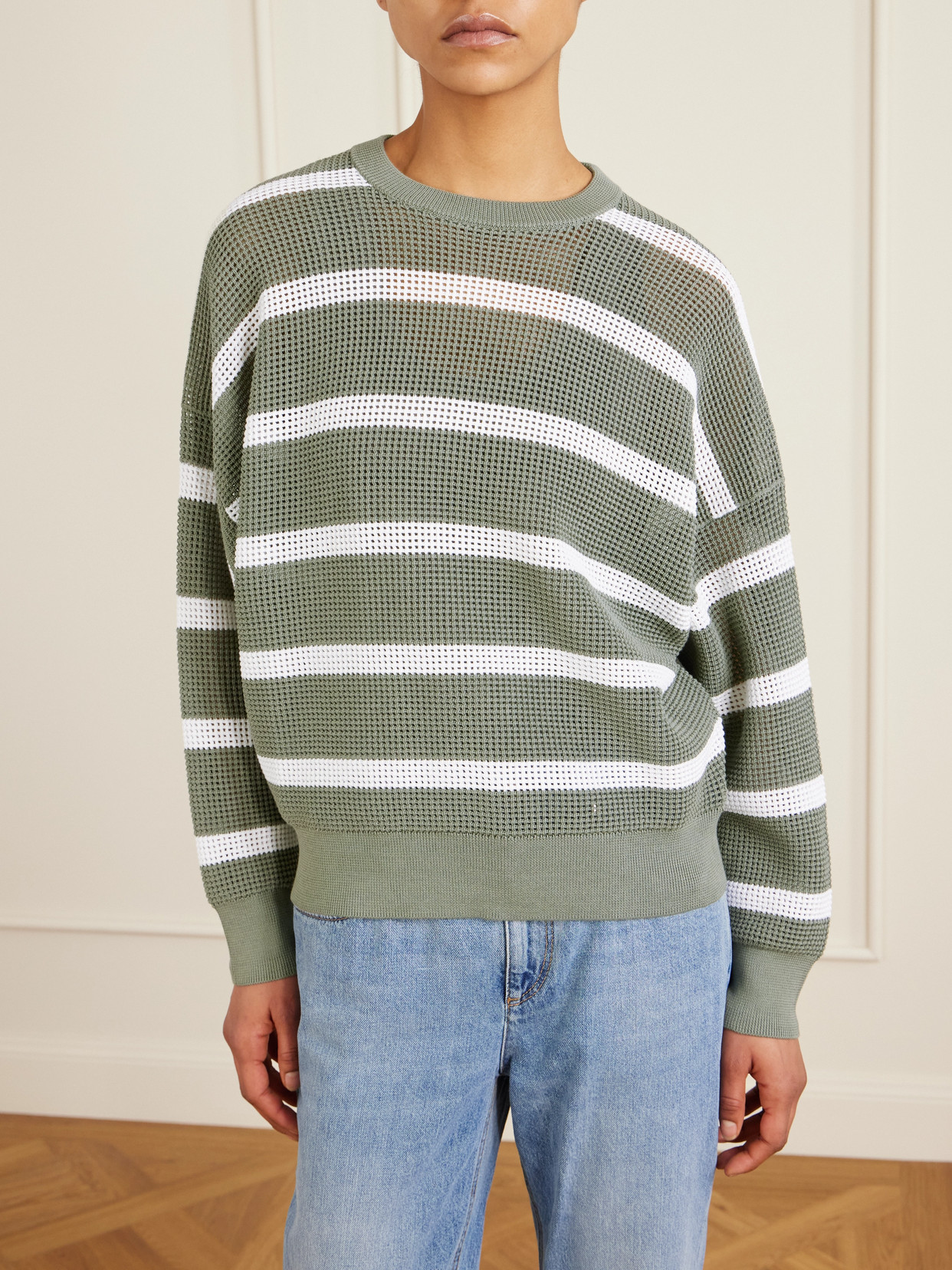 Brunello Cucinelli Striped Open-knit Cotton Sweater In Green