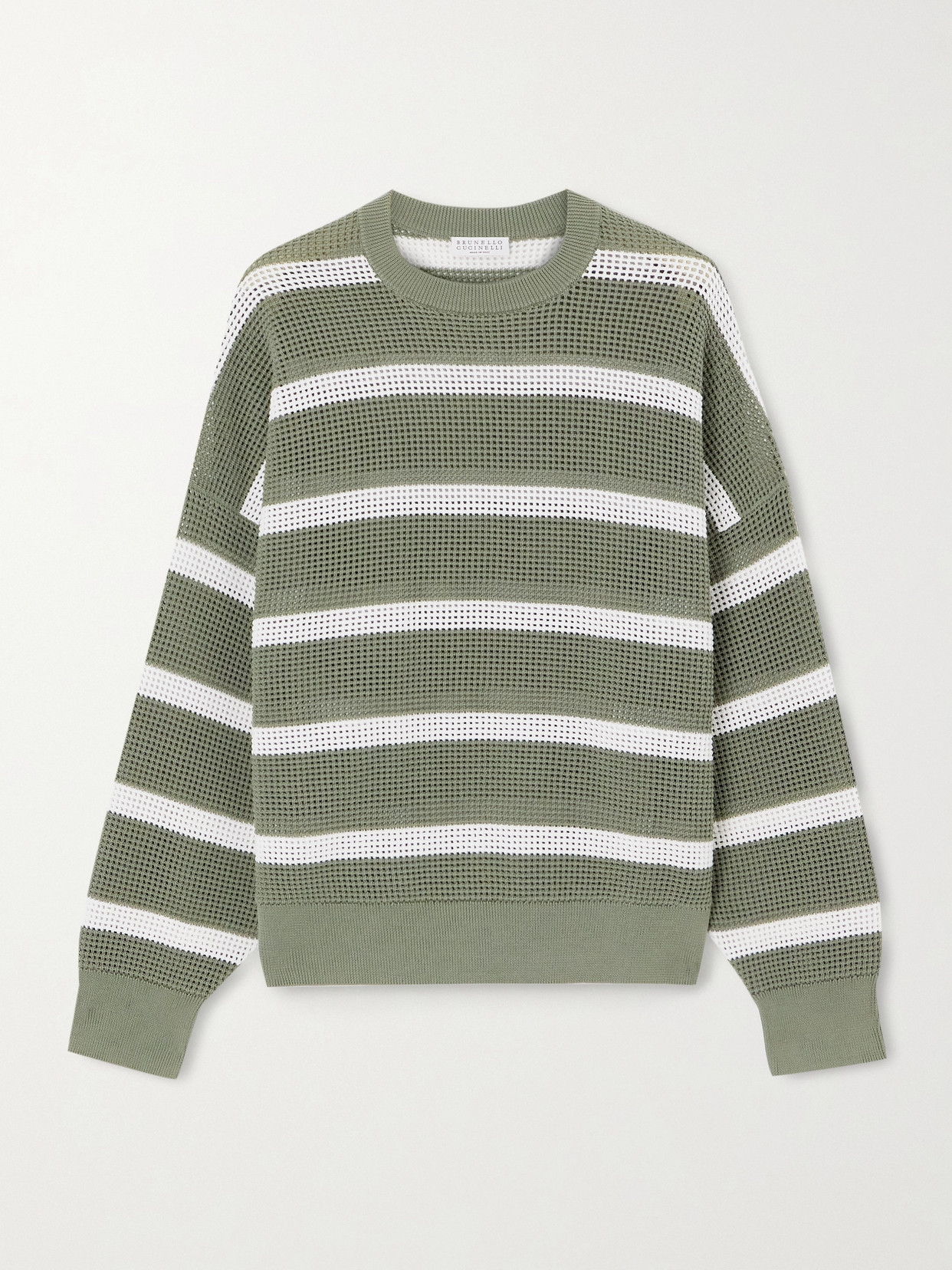 Brunello Cucinelli Striped Open-knit Cotton Sweater In Green