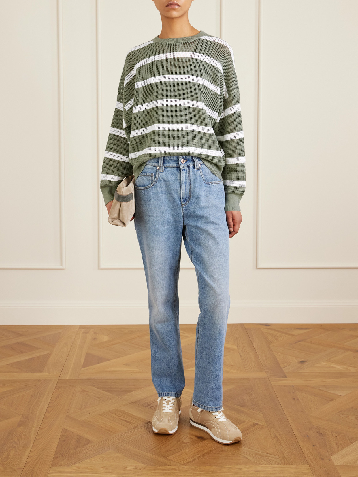 Brunello Cucinelli Striped Open-knit Cotton Sweater In Green