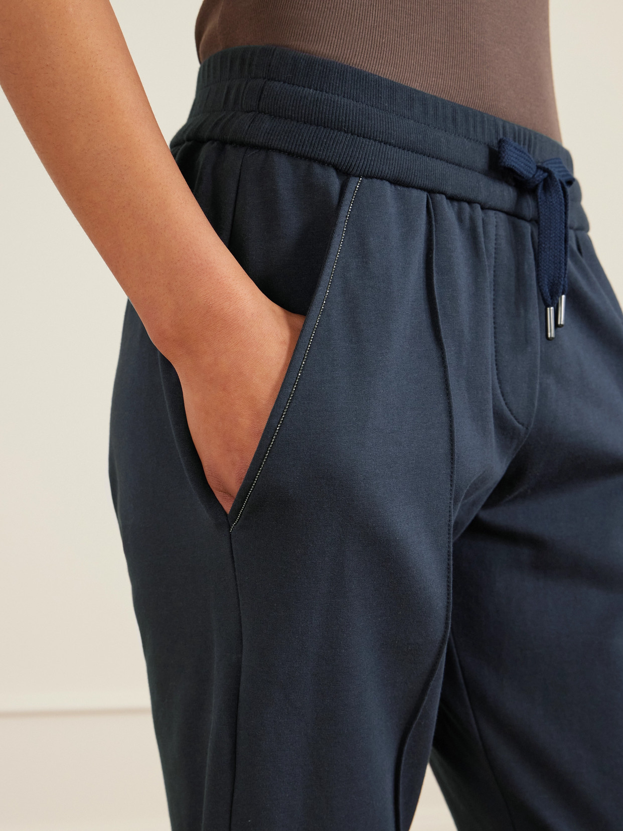 Brunello Cucinelli Bead-embellished Cotton-blend Jersey Track Pants In Blue