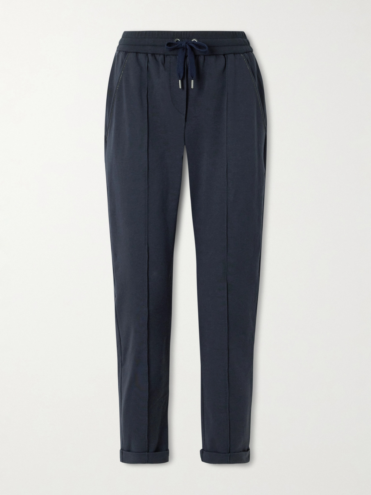Brunello Cucinelli Bead-embellished Cotton-blend Jersey Track Pants In Blue