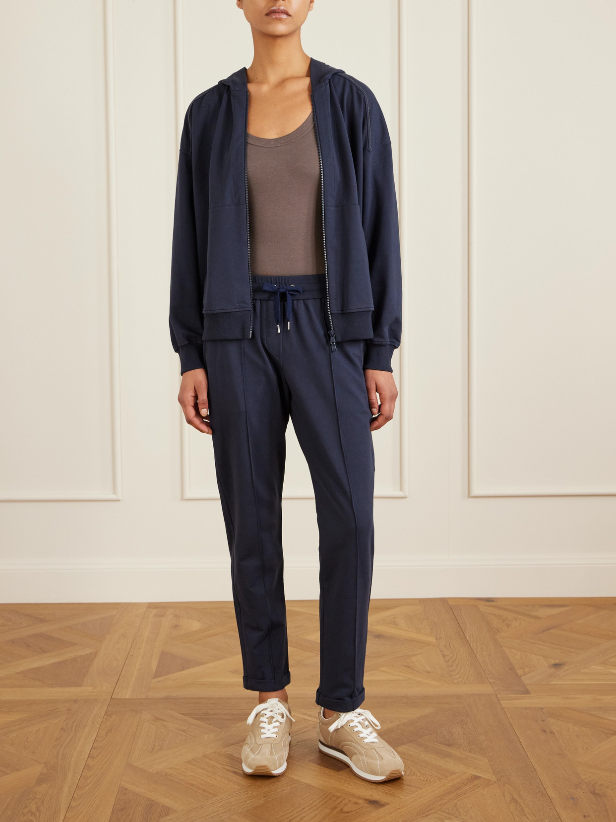 Brunello Cucinelli Bead-embellished Cotton-blend Jersey Track Pants In Blue