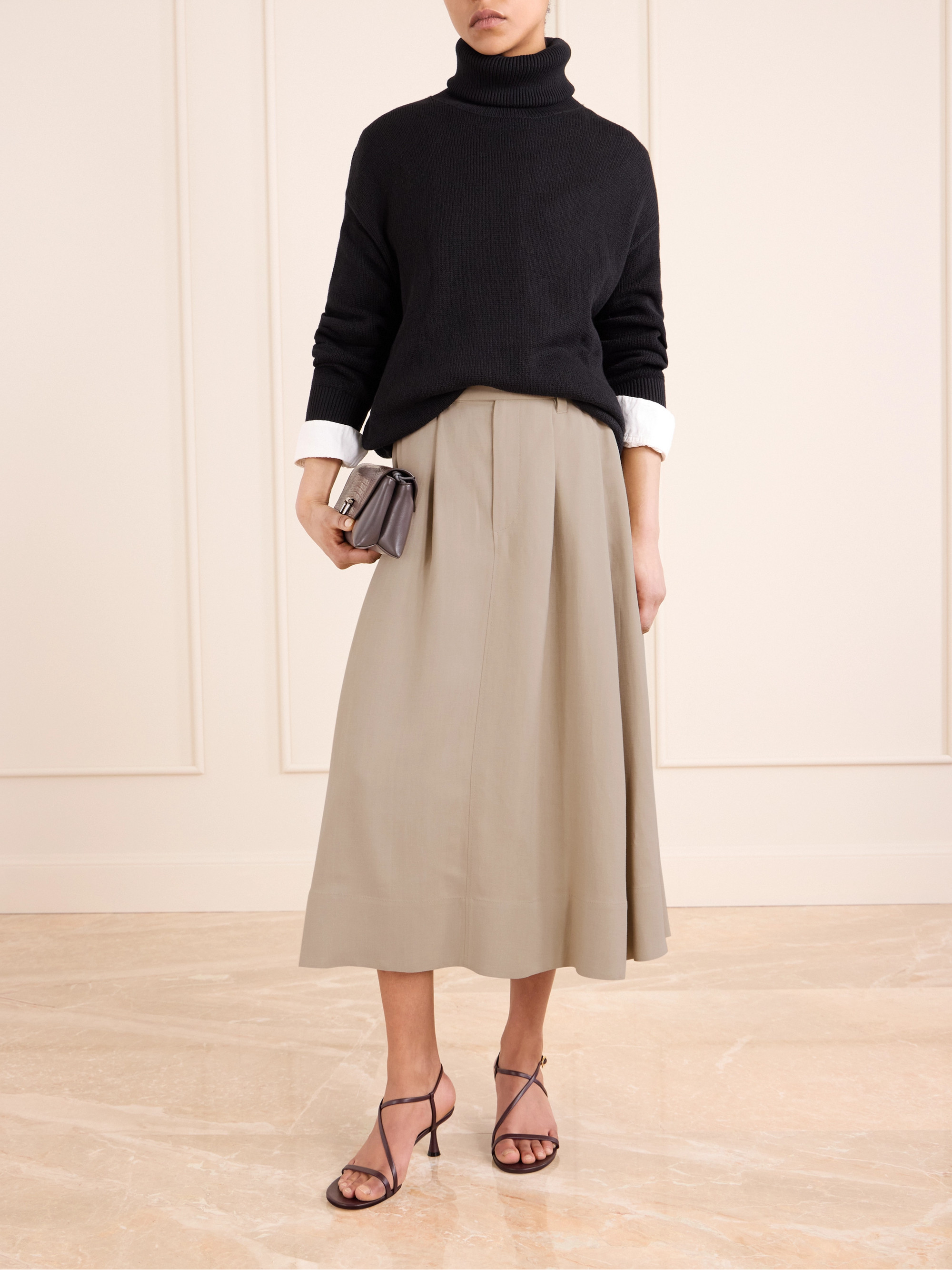Brunello Cucinelli Embellished pleated twill midi skirt
