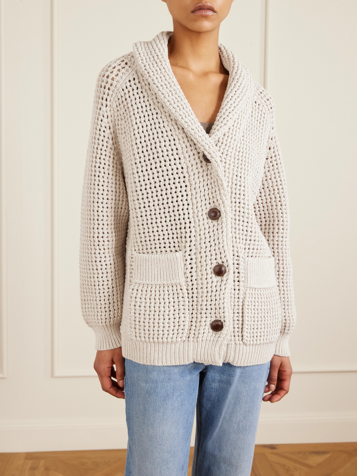 Brunello Cucinelli Open-knit Cotton-blend Cardigan In Neutral