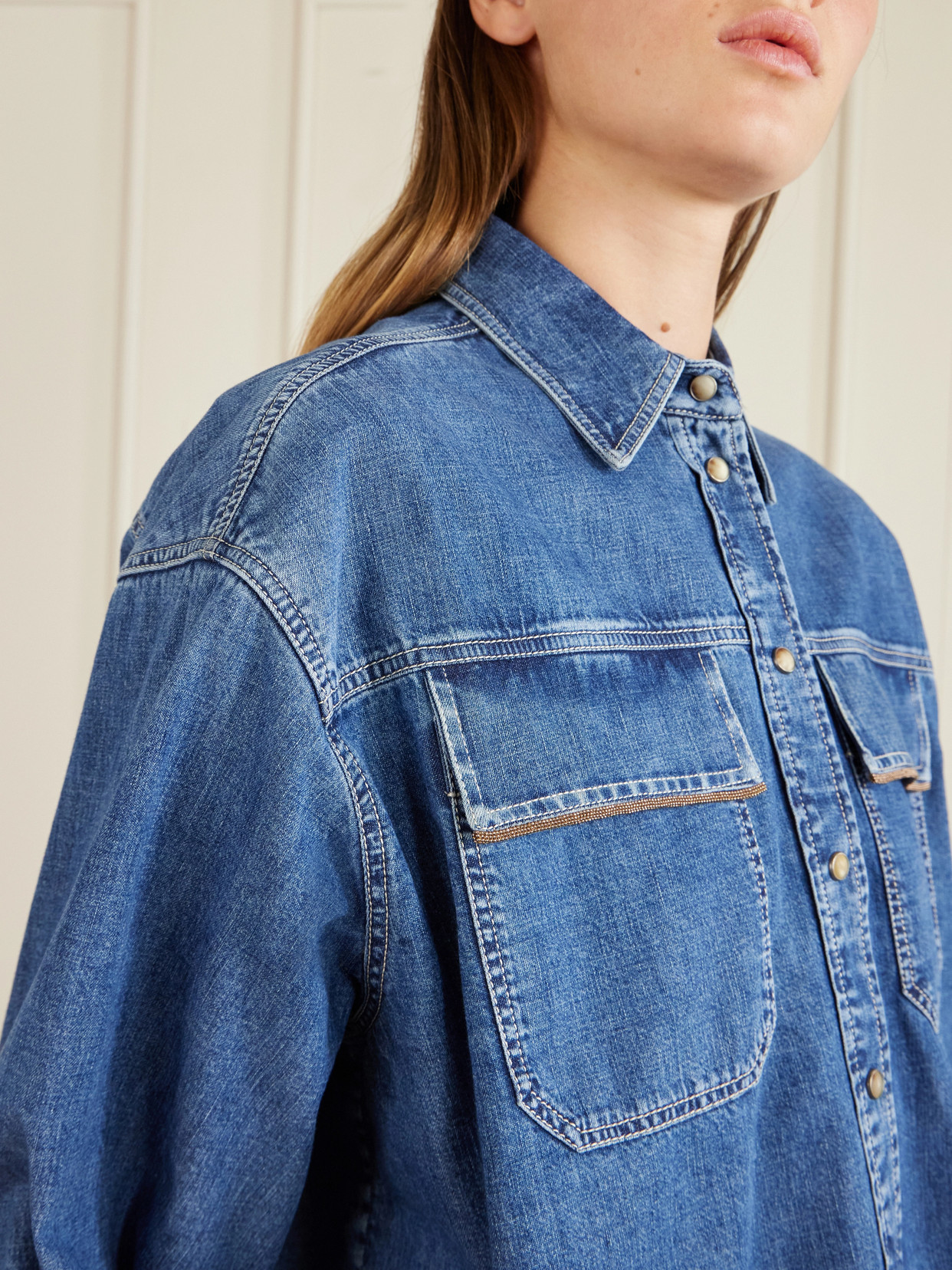 Bead-Embellished Denim Shirt
