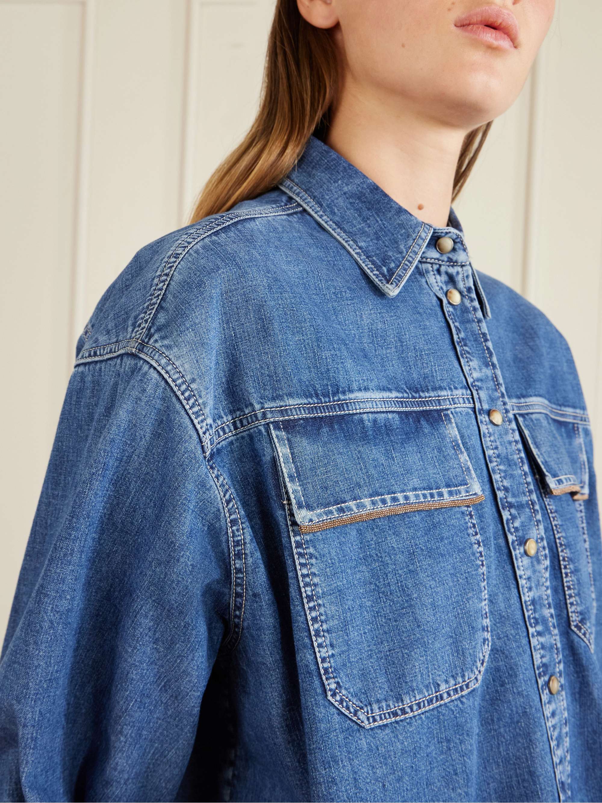 BRUNELLO CUCINELLI Bead-embellished denim shirt | NET-A-PORTER