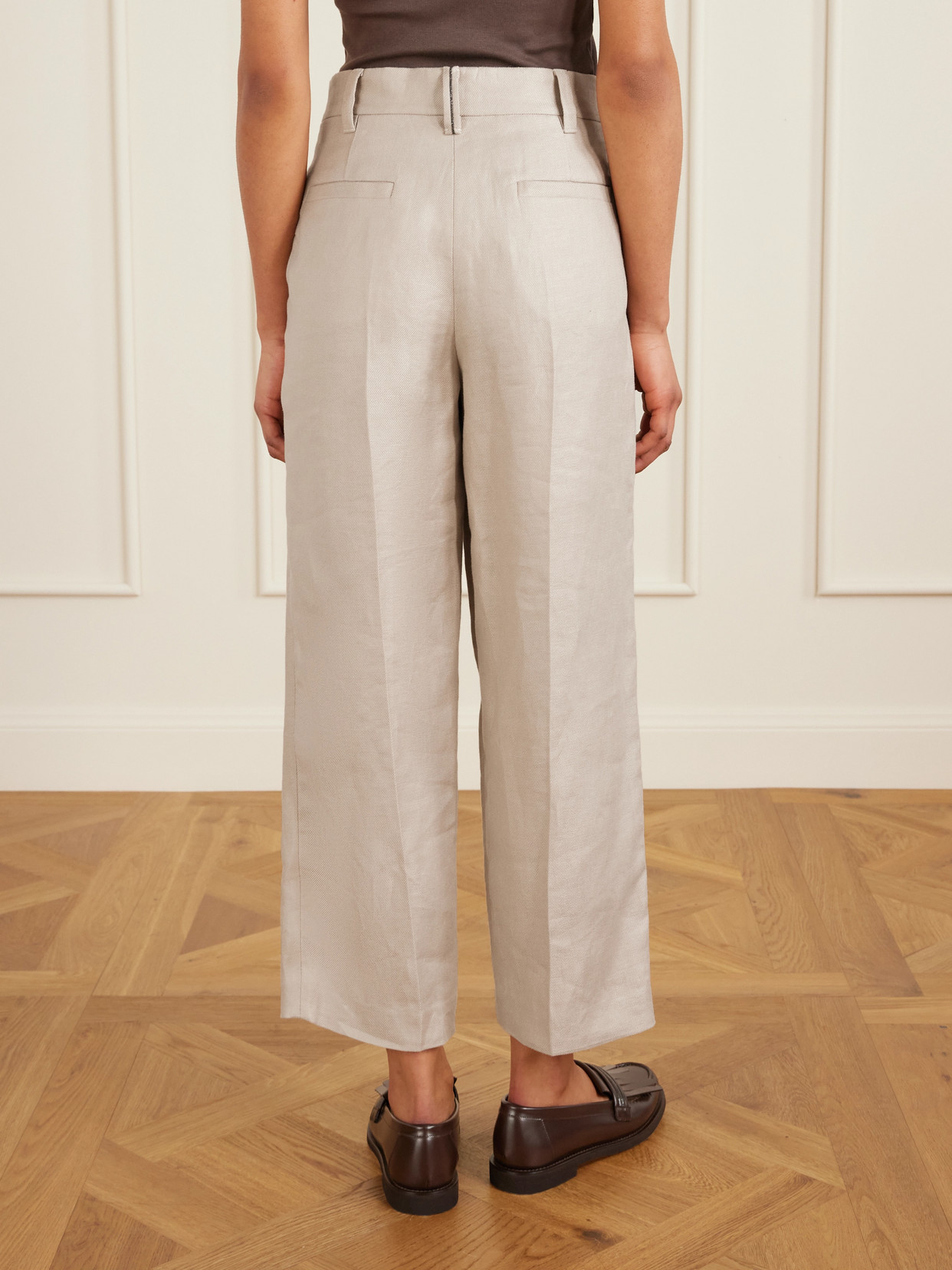 Brunello Cucinelli Cropped Pleated Linen-twill Wide-leg Pants In Neutral