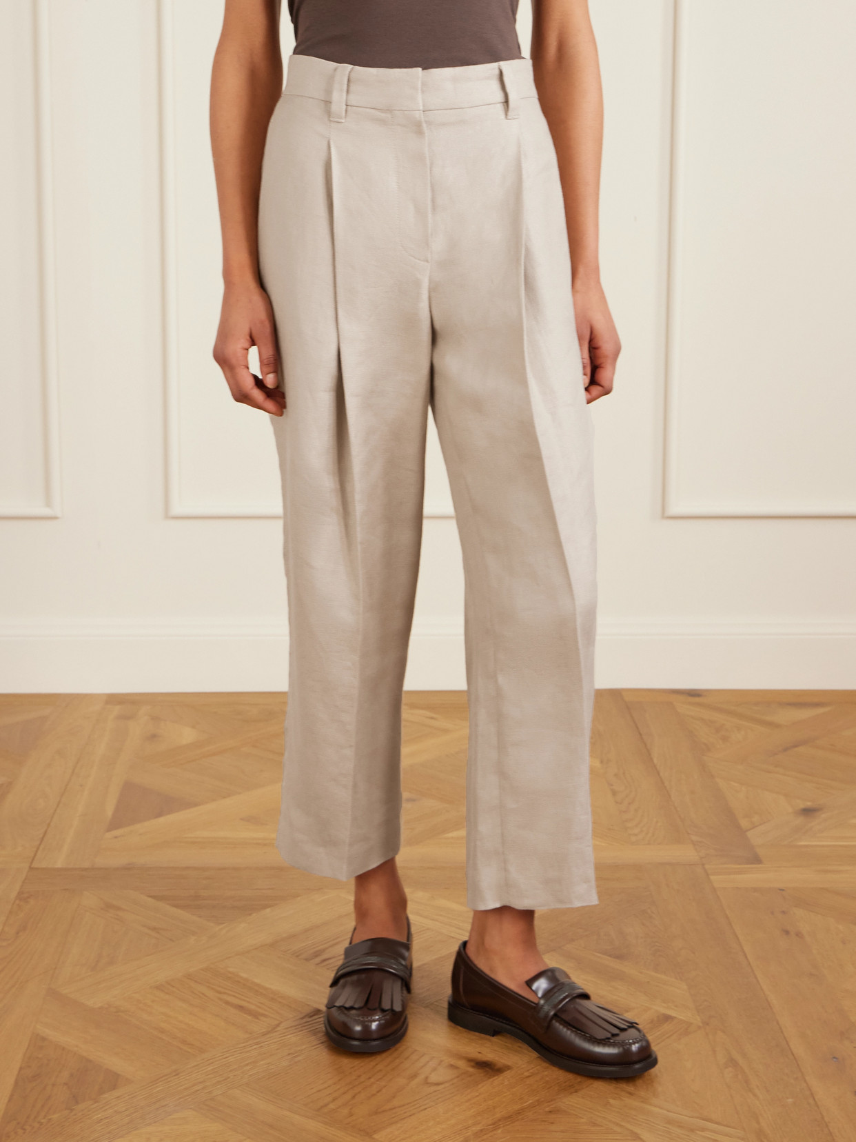 Brunello Cucinelli Cropped Pleated Linen-twill Wide-leg Pants In Neutral
