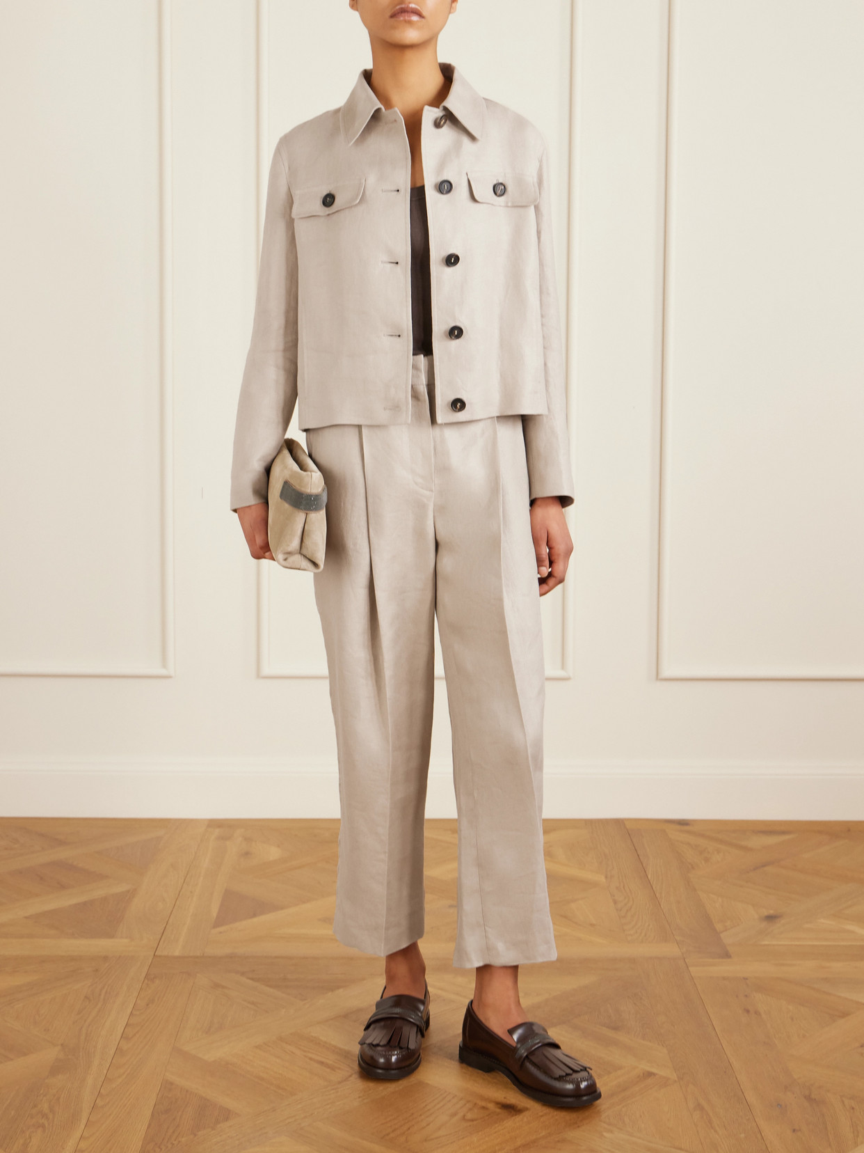 Brunello Cucinelli Cropped Pleated Linen-twill Wide-leg Pants In Neutral