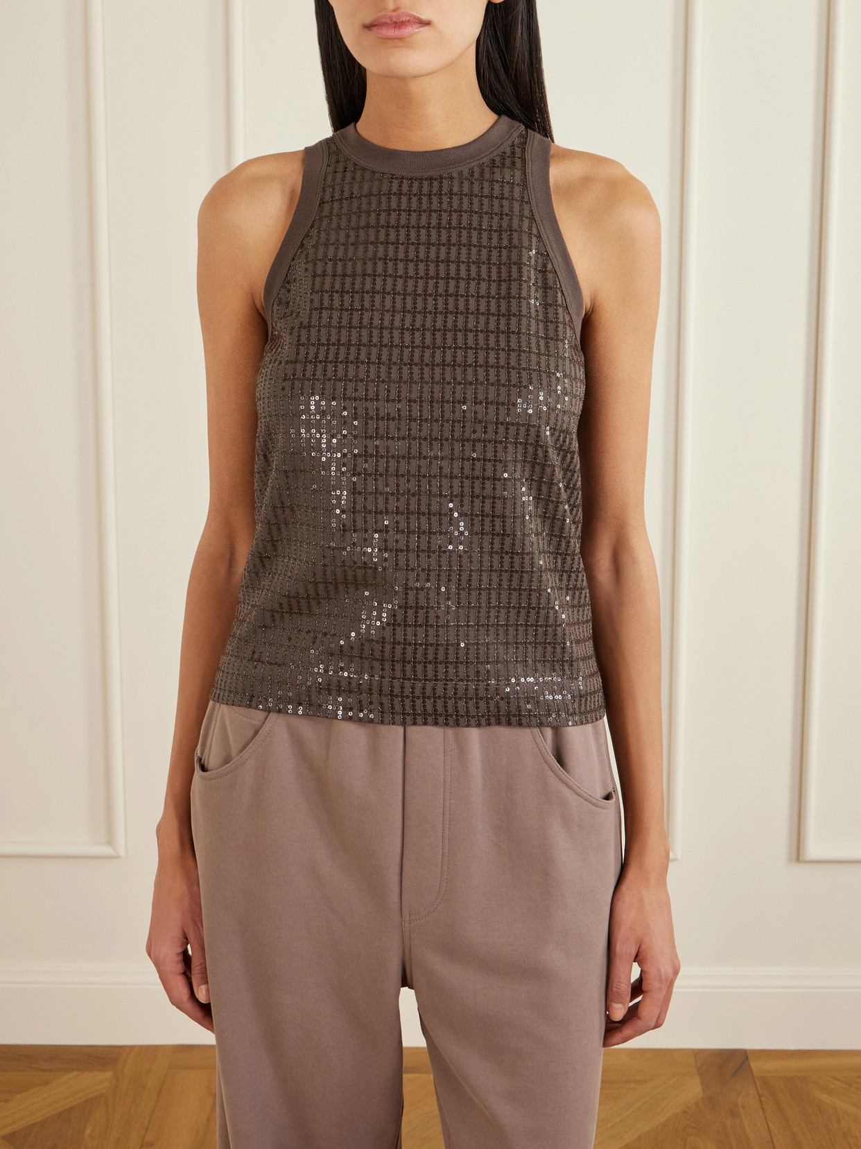 Brunello Cucinelli Sequin-embellished Stretch-cotton Jersey Tank In Brown