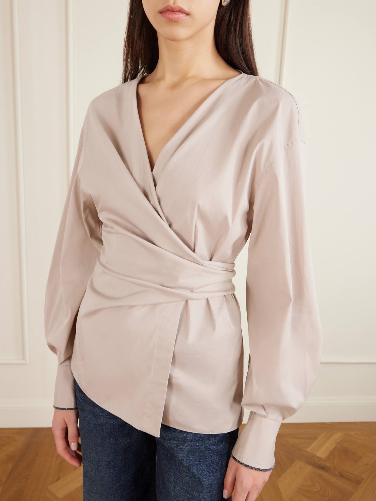 Cotton-Blend Poplin Wrap Blouse