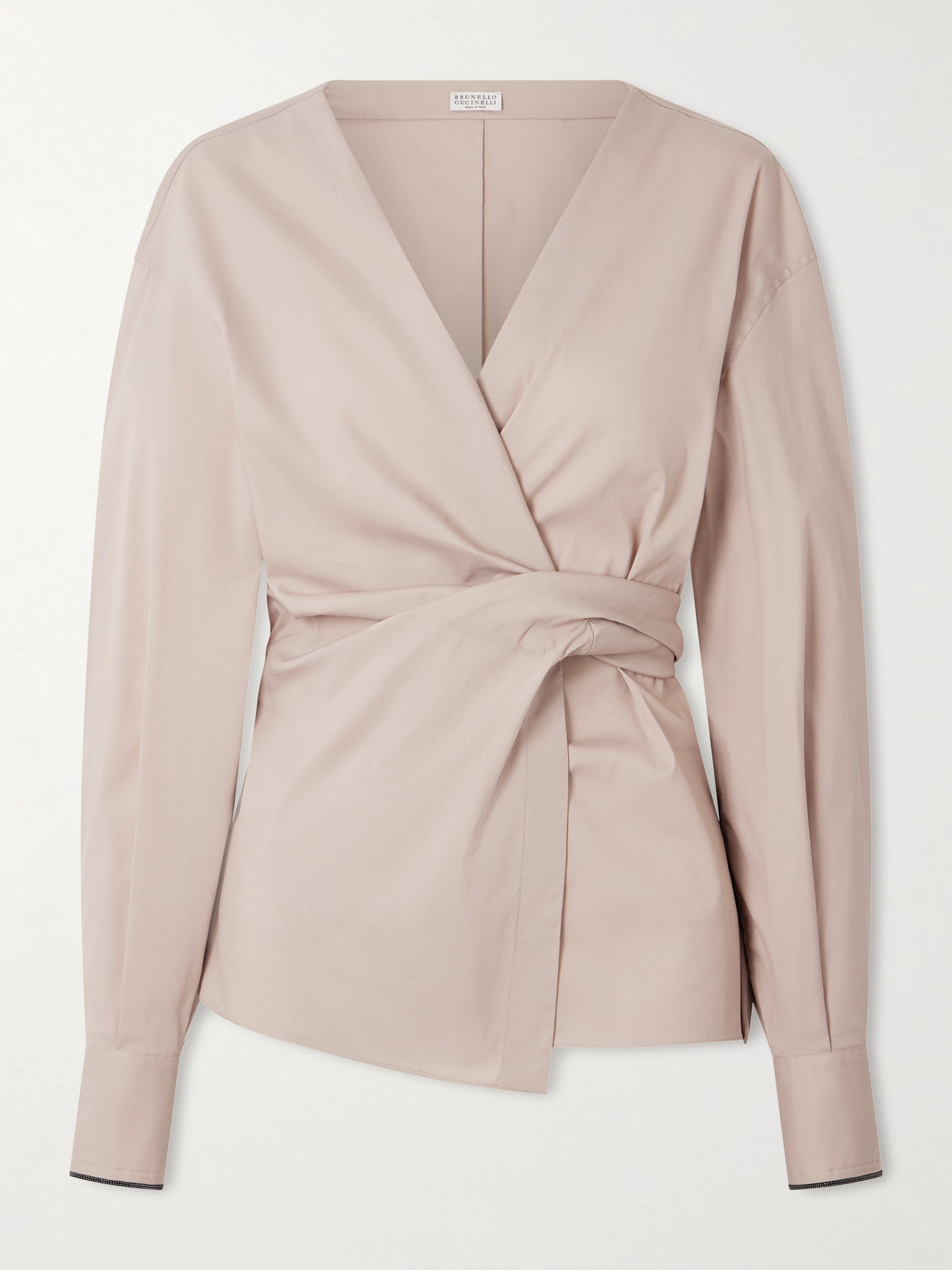 Brunello Cucinelli Embellished Cotton-blend Poplin Wrap Blouse In Neutral